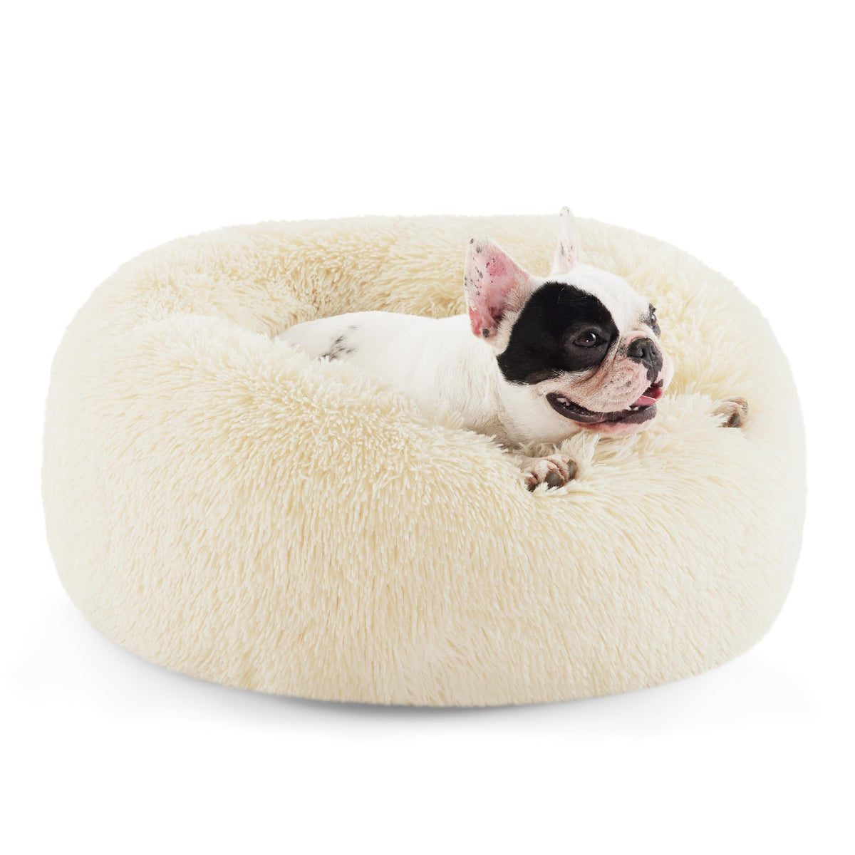 Bedsure calming dog bed, round ivory-beige design, cozy sleep for small and medium dogs.