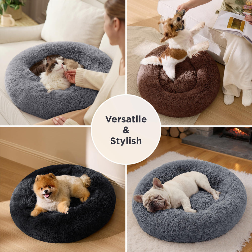 Bedsure Calming Donut Cat Bed, living room scene, lightweight and portable for travel.