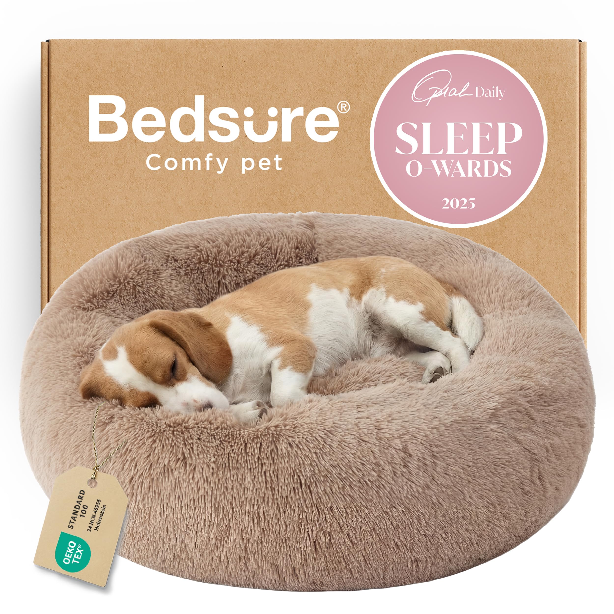 Bedsure calming donut dog bed camel with anti-slip base for secure lounging.