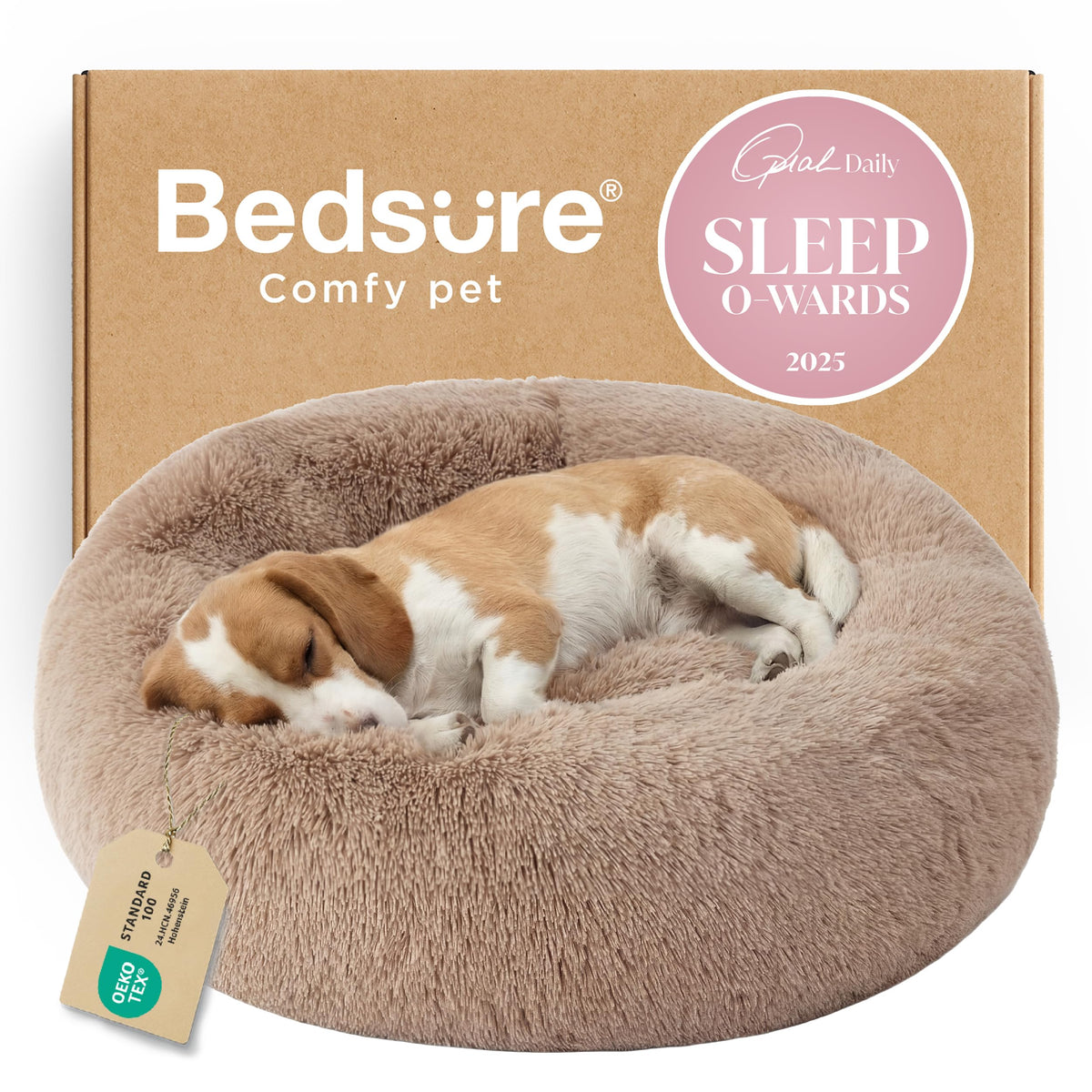 Bedsure calming donut dog bed camel with anti-slip base for secure lounging.