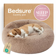 Bedsure calming donut dog bed camel with anti-slip base for secure lounging.