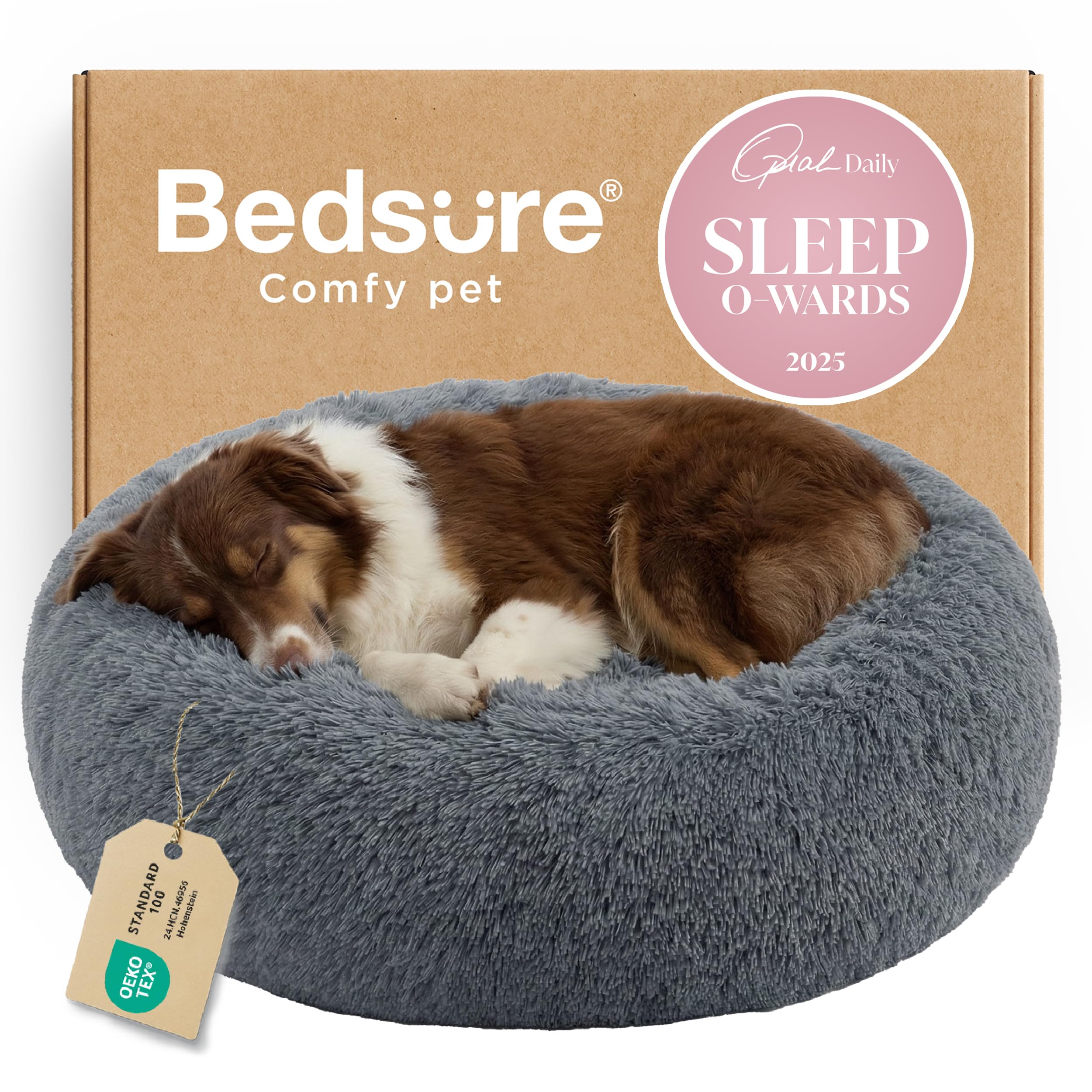 Bedsure calming donut dog bed 36-inch provides a secure curl-up space for large dogs.