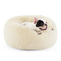 Bedsure calming donut dog bed in ivory beige, round shape supports curl-up comfort.
