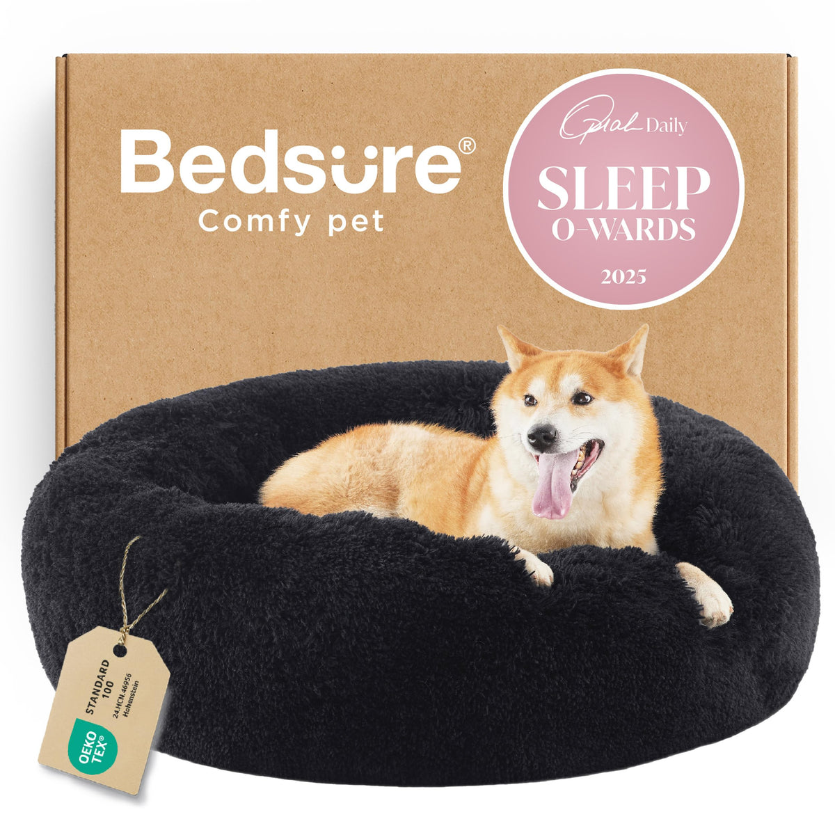 Bedsure calming donut dog bed, round front view, cozy curl-friendly space