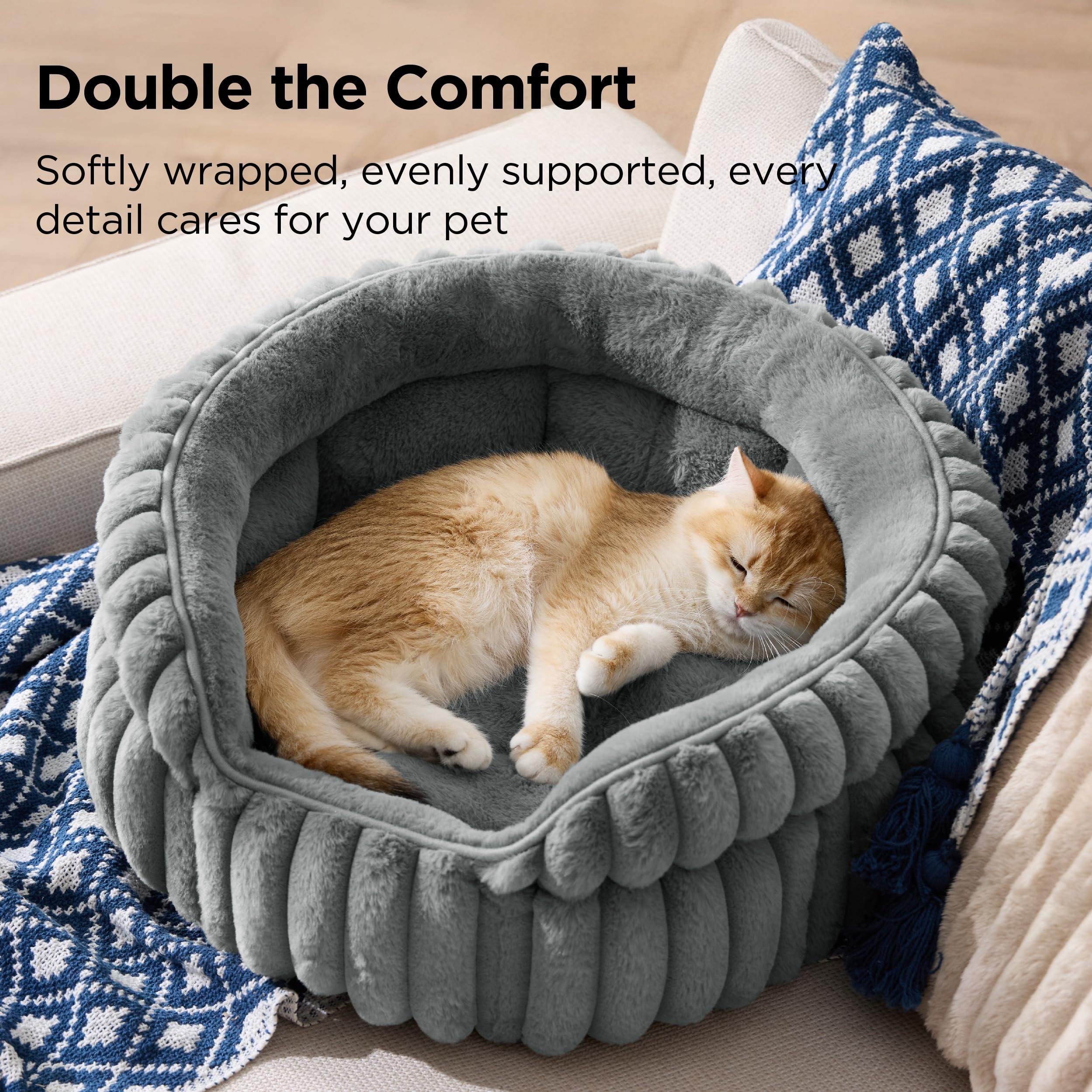 Bedsure cat bed anti-slip base keeps the round bed steady on hardwood and tile.