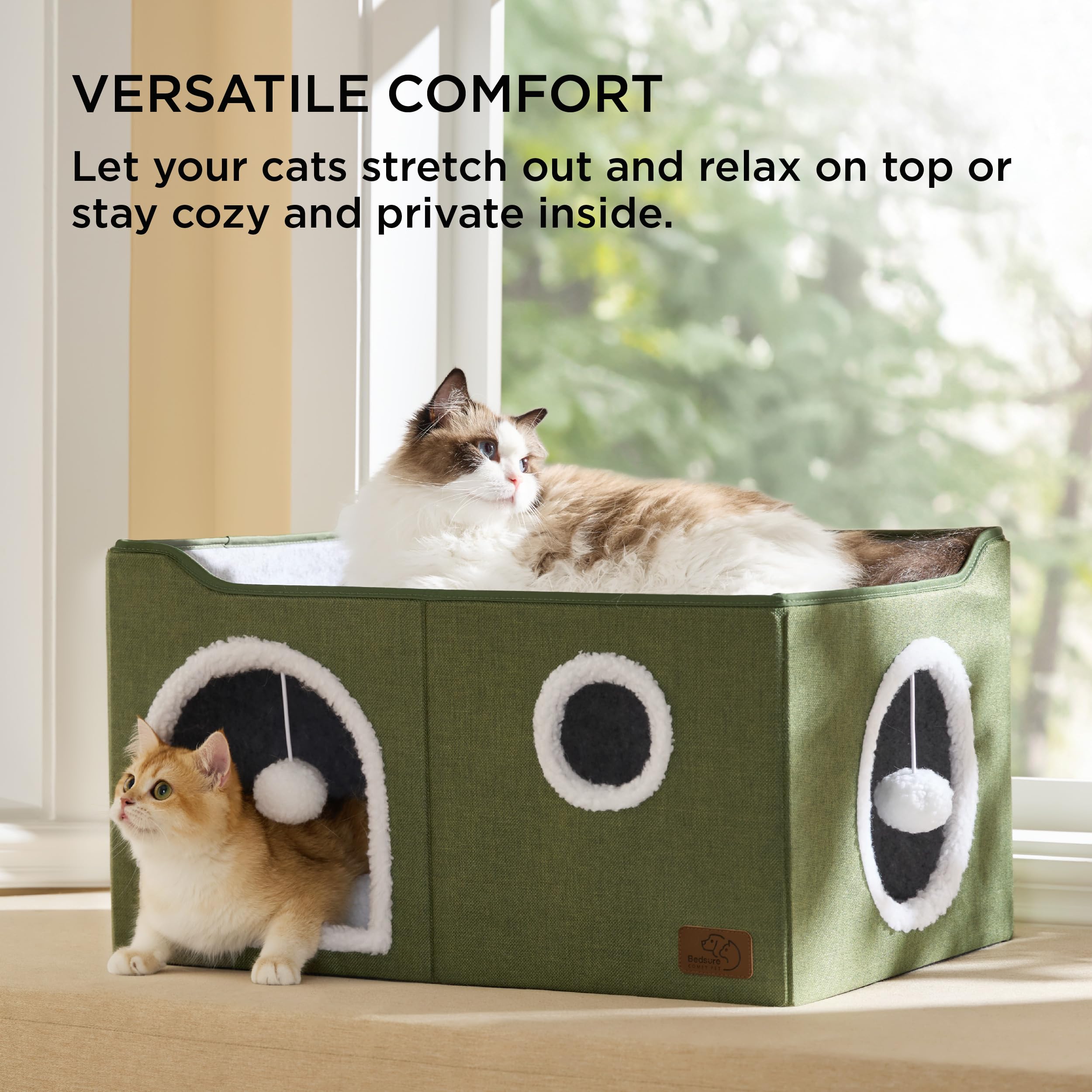 Bedsure cat bed with fluffy ball hanging demonstrates playful engagement.
