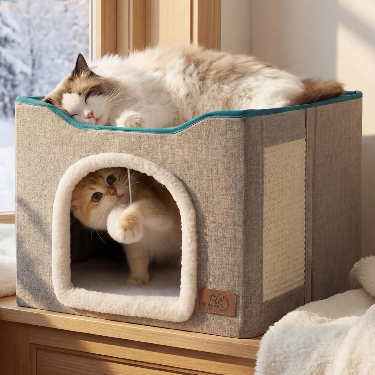 Bedsure cat bed indoor cave front view, cozy den for lounging.