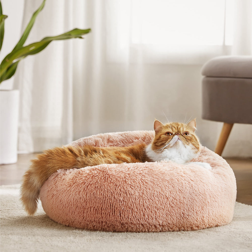 Bedsure pink round bed blends with decor while inviting cozy cat naps