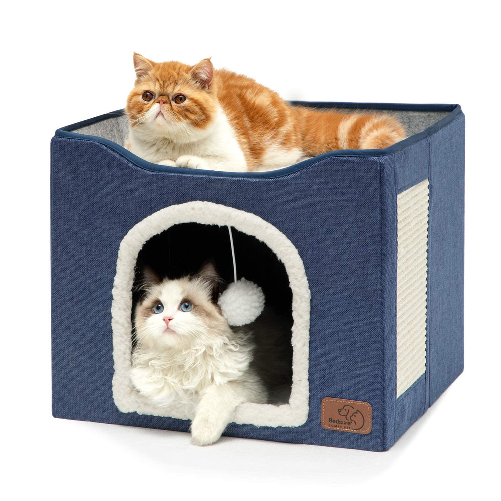 Bedsure cat bed blue front view shows private den for restful naps.