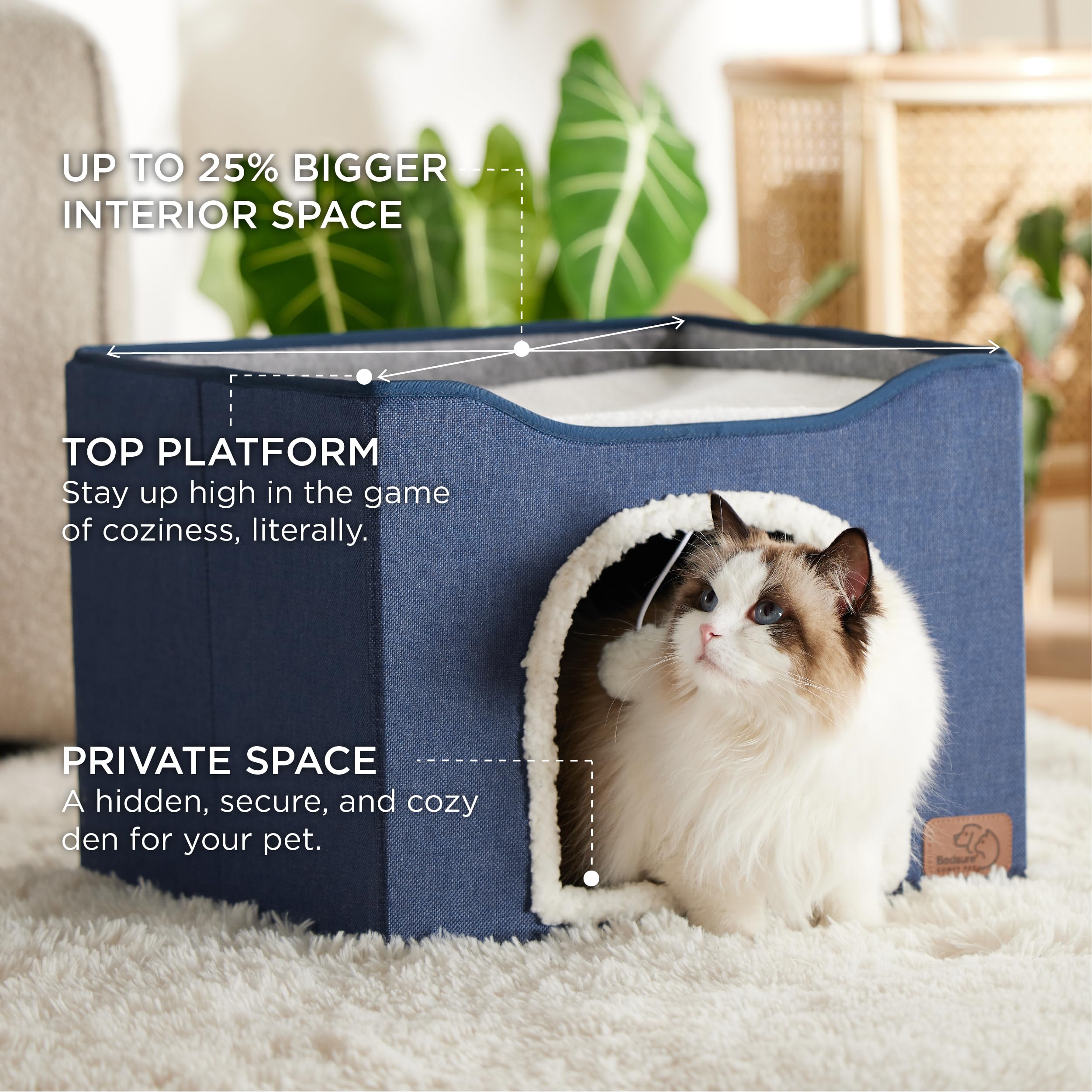 Bedsure blue cat cave top platform offers extra lounging space and window-side view for relaxing cats.