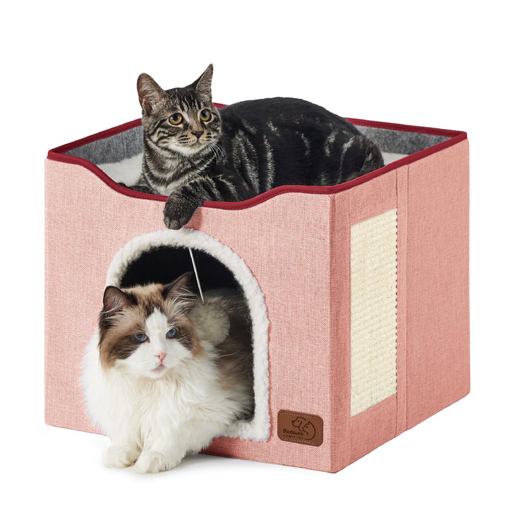 Bedsure large cat cave pink front view showing cozy indoor lounging.