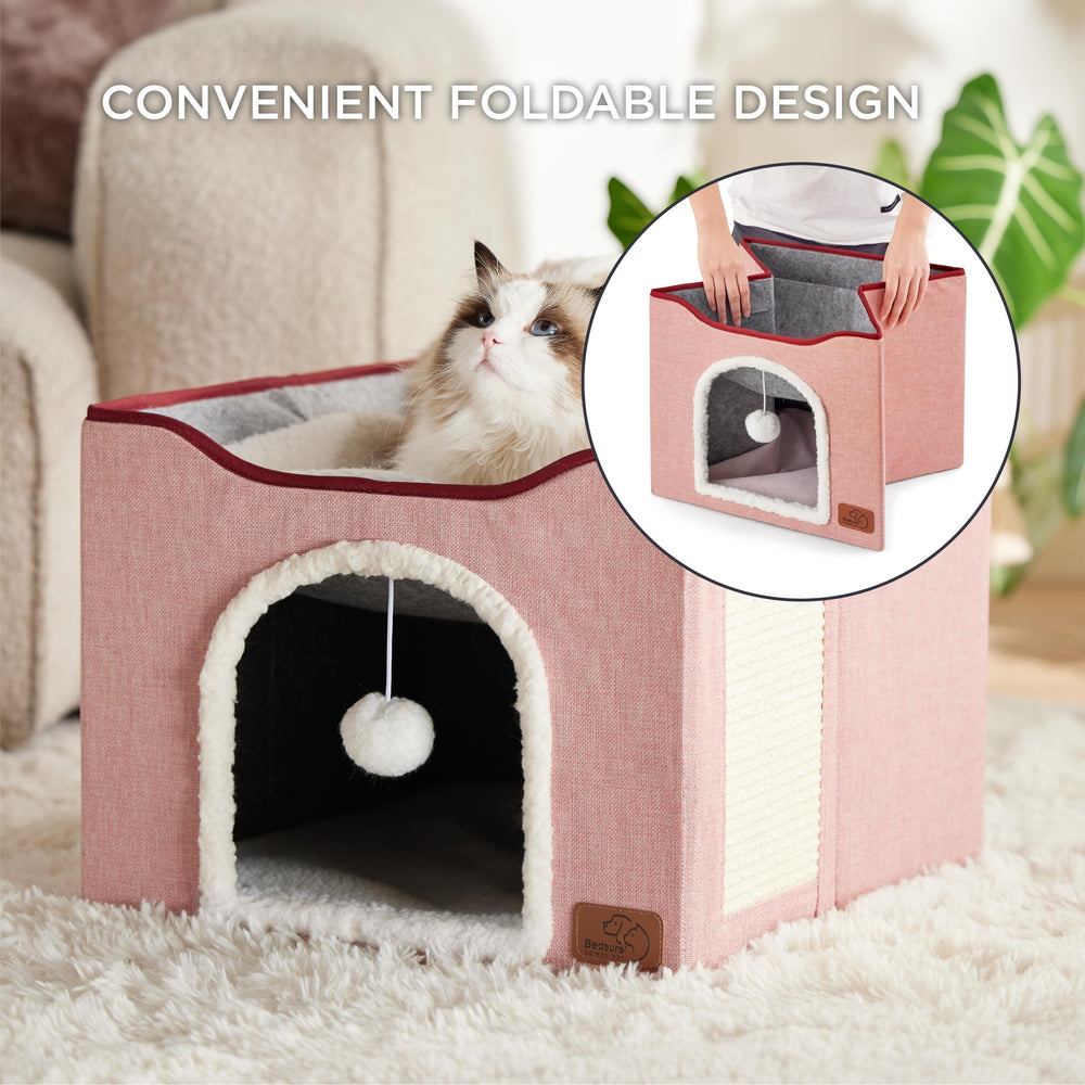 Bedsure cat cave featuring a plush hanging ball for interactive play.