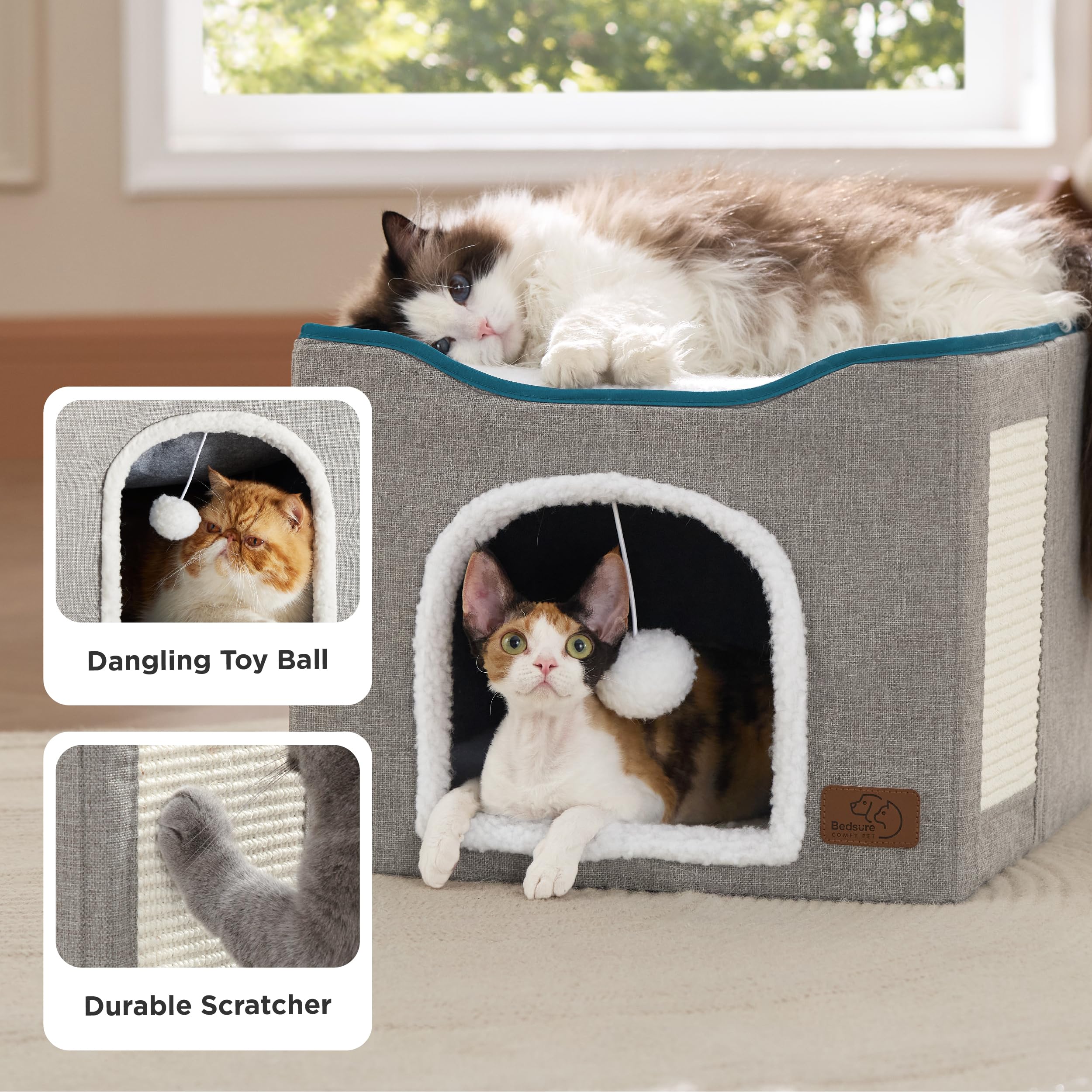 Bedsure cat bed features sisal scratching board to encourage healthy play and paw care.