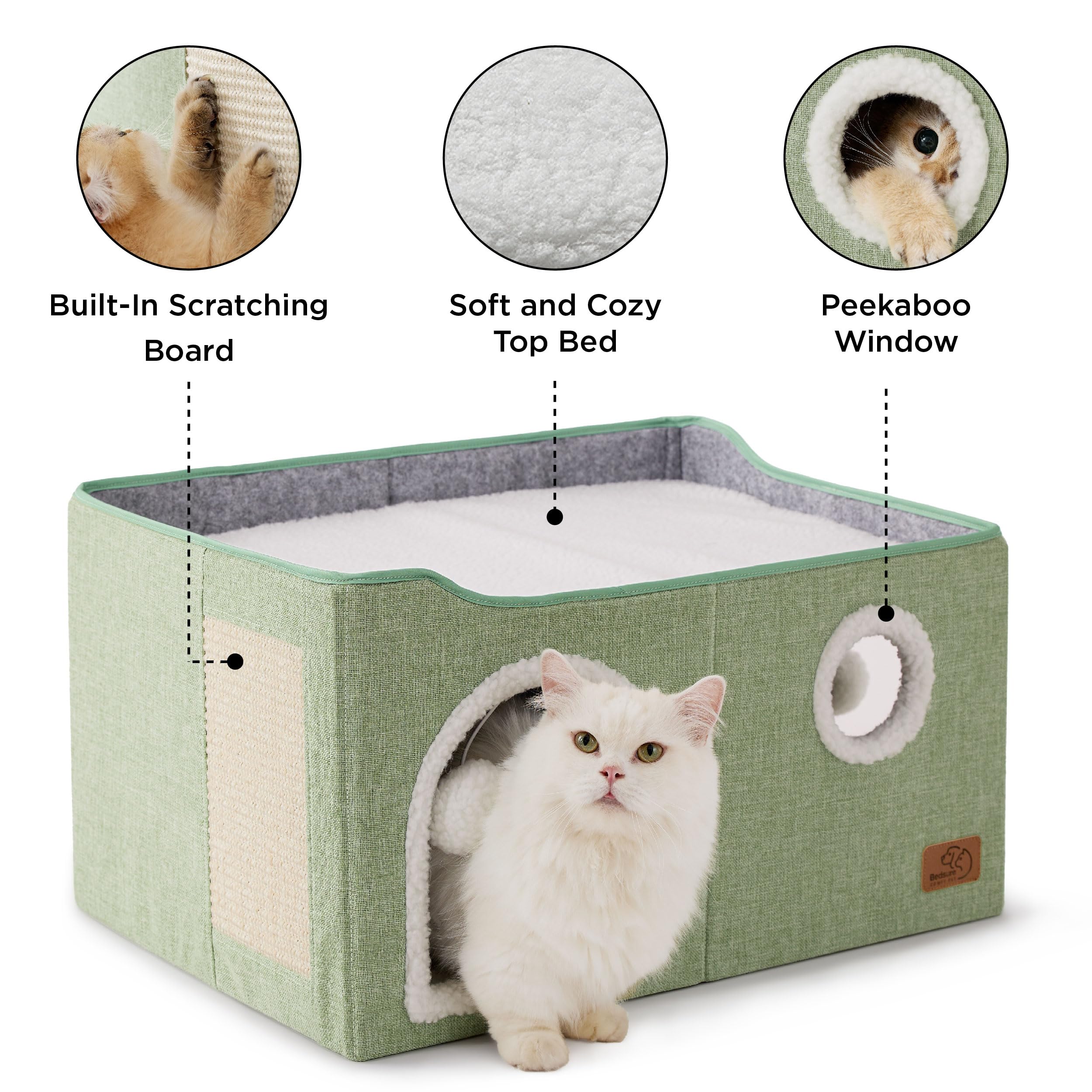Bedsure cat cube house sisal scratch board offers durable scratching option.