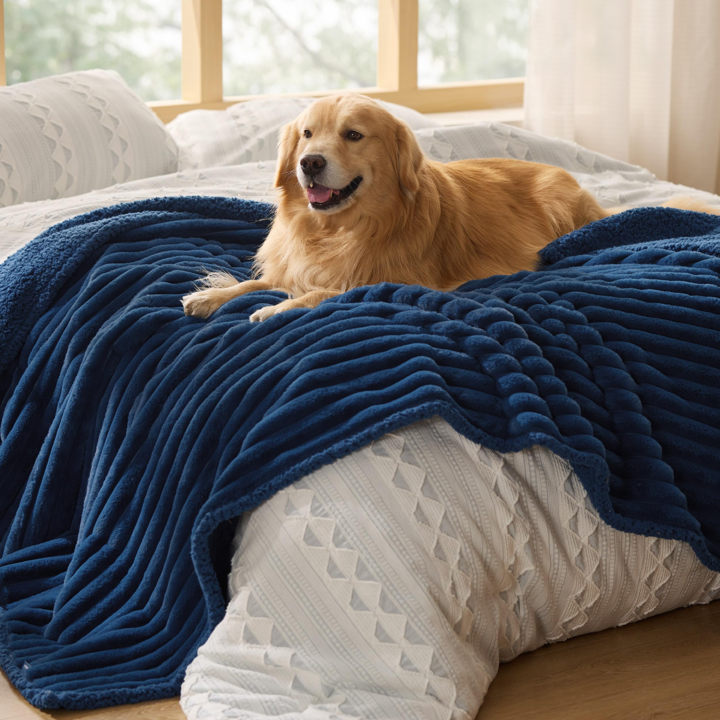 Bedsure navy textile creates a calm pet space with plush warmth.