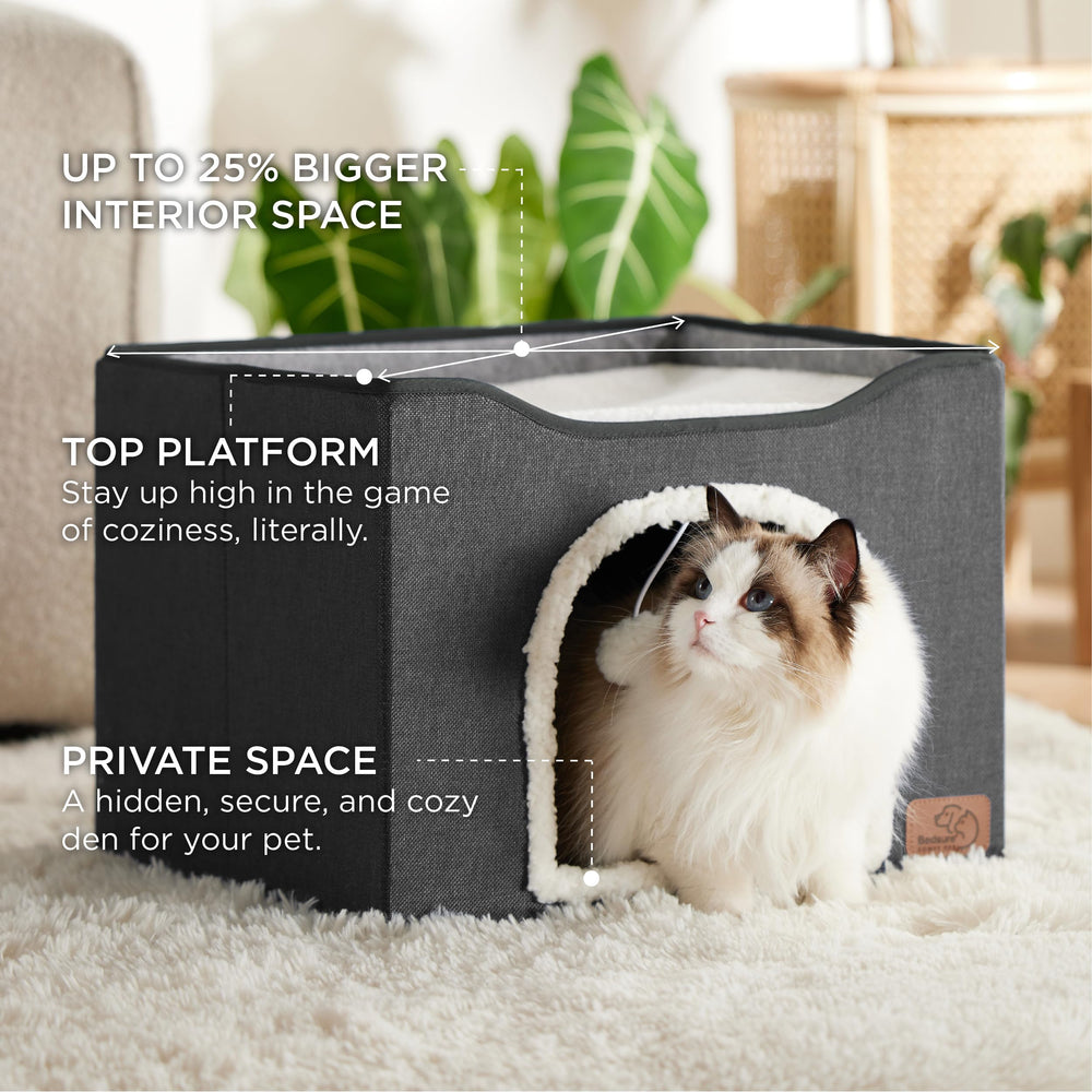 Bedsure cat hideaway with sisal scratch board for claws and play.