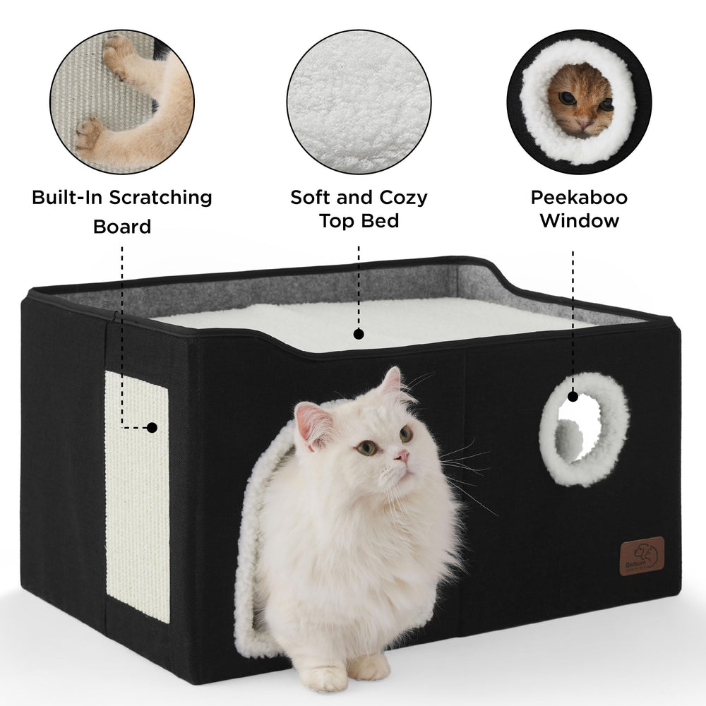Bedsure cat house includes sisal scratching board for natural scratching and wear resistance.
