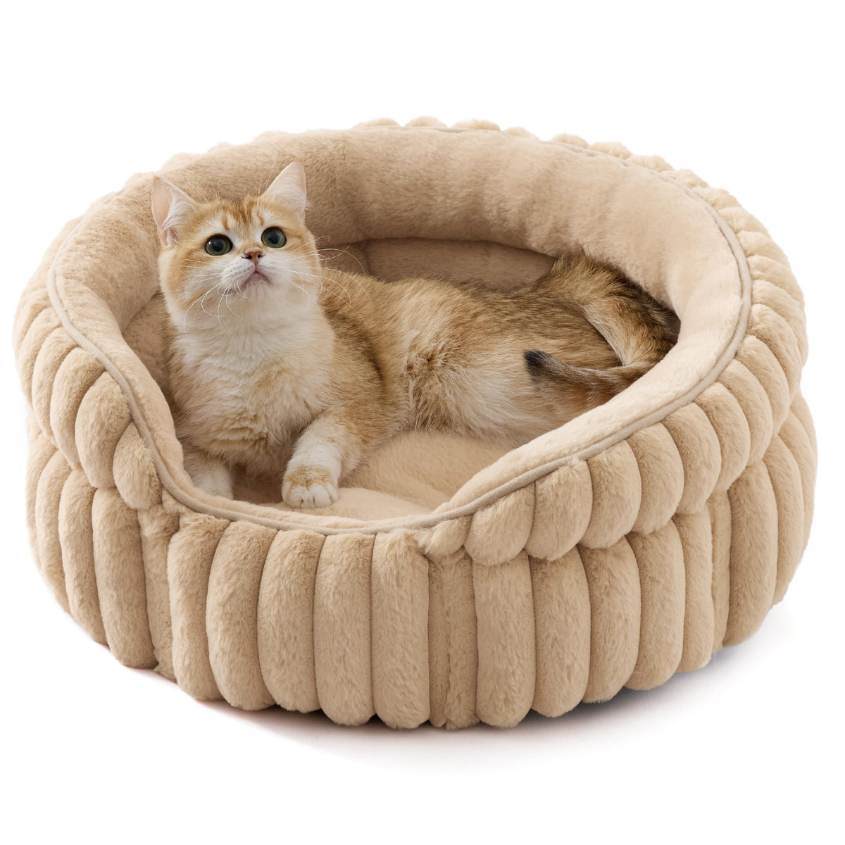 Bedsure ComfyFleece Cat Bed round sandy beige outer view highlights secure wrap for cozy naps.