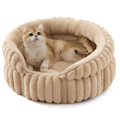 Bedsure ComfyFleece Cat Bed round sandy beige outer view highlights secure wrap for cozy naps.