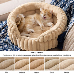 Bedsure ComfyFleece Cat Bed round sandy beige side profile demonstrates stable support for lounging.