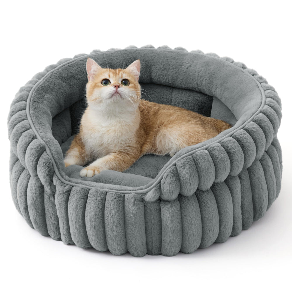 Bedsure ComfyFleece cat bed round shape offers cozy shelter for indoor cats.