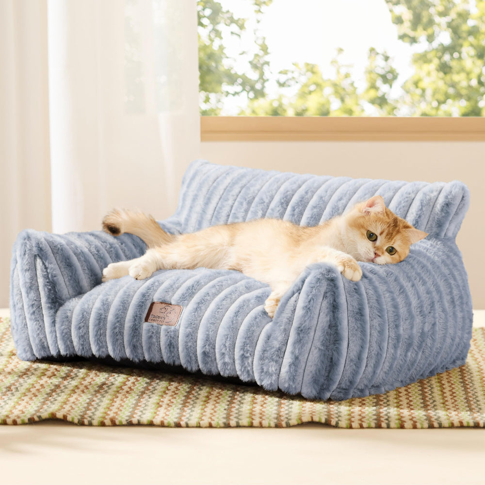 Bedsure ComfyFleece cat couch front view shows plush blue indigo fabric for cozy naps