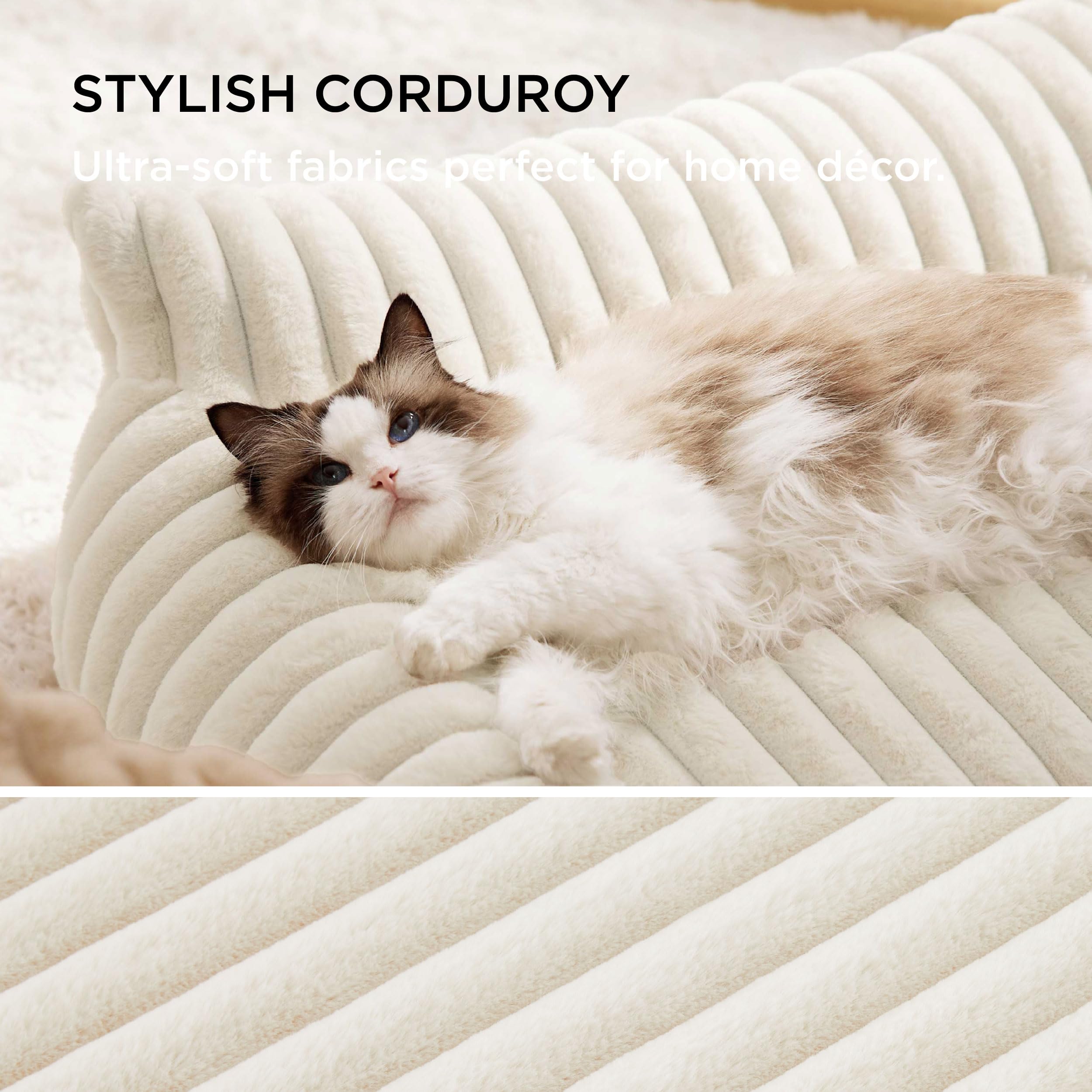Bedsure ComfyFleece cat couch cream fabric displays soft faux fur warmth.
