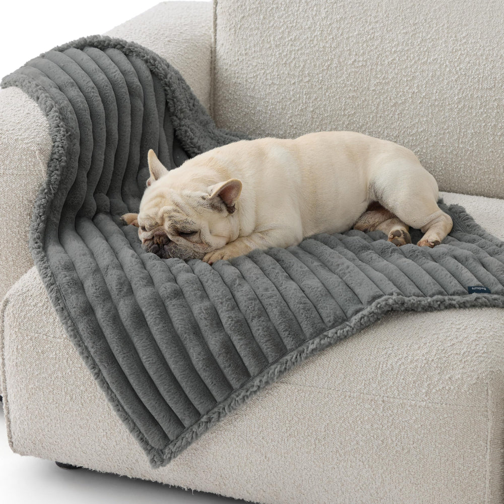 Compact blanket folded near travel bag to illustrate portability