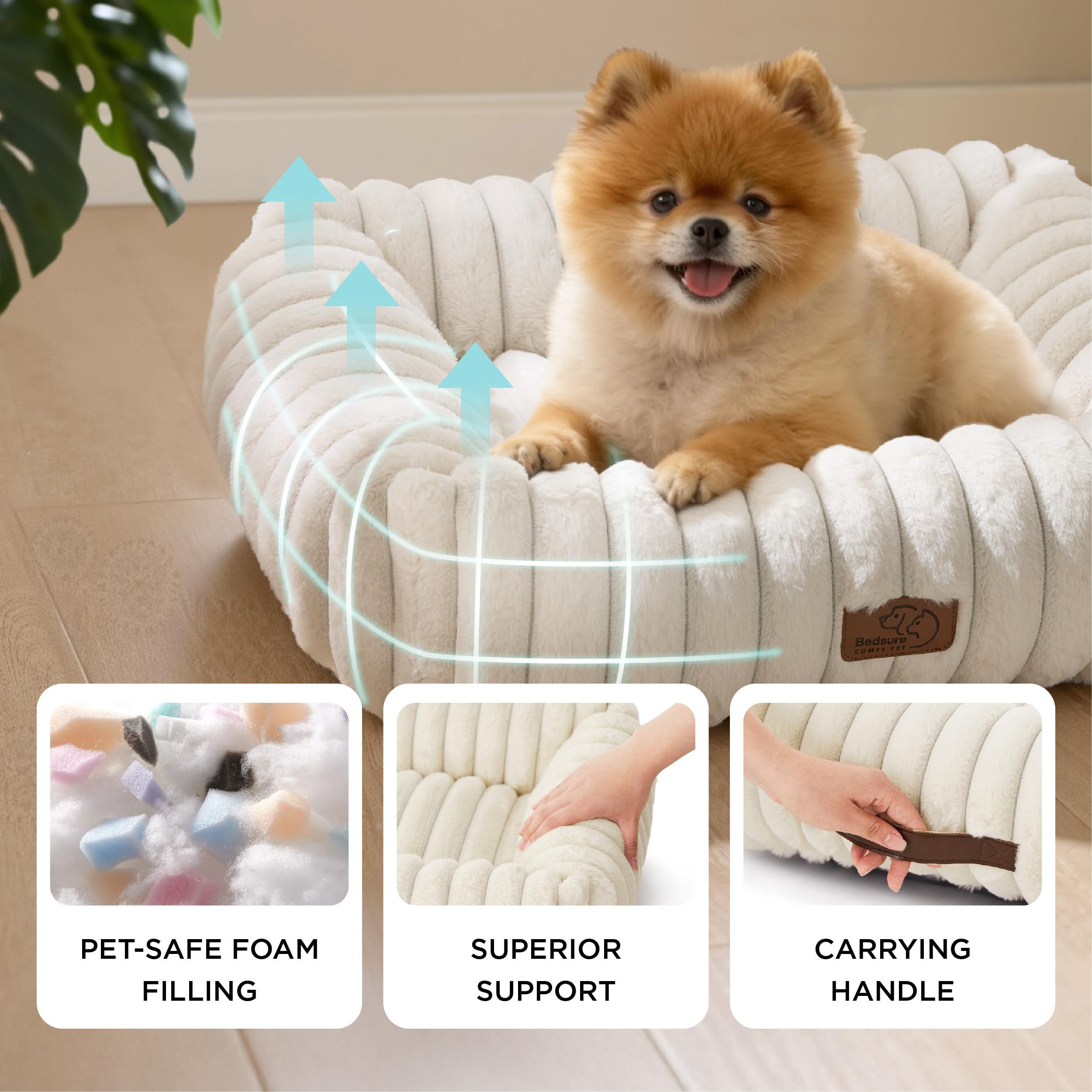 Bedsure ComfyFleece cream bed demonstrates raised sides for head and neck comfort.