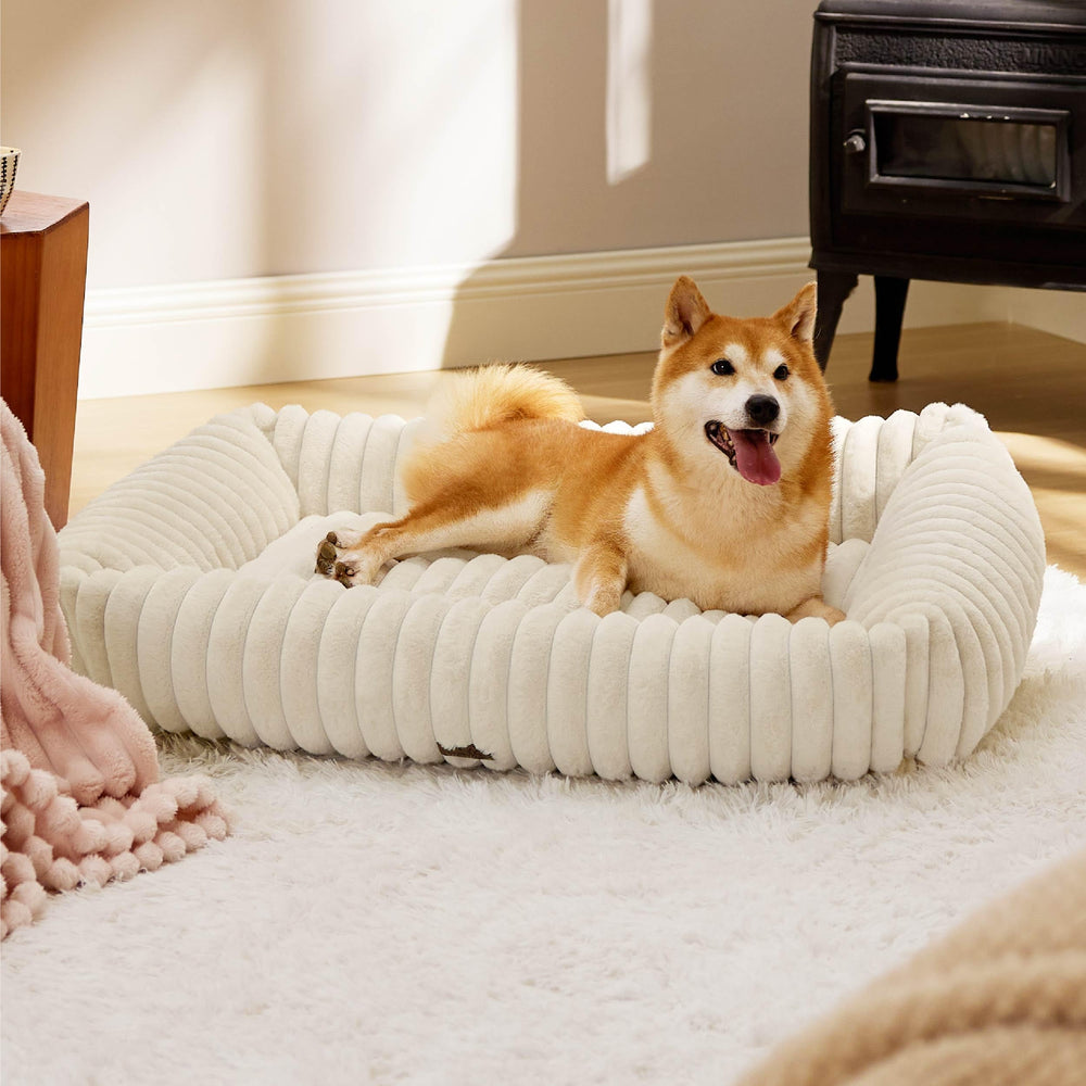 Bedsure ComfyFleece dog bed in cream with rectangular shape for cozy naps.