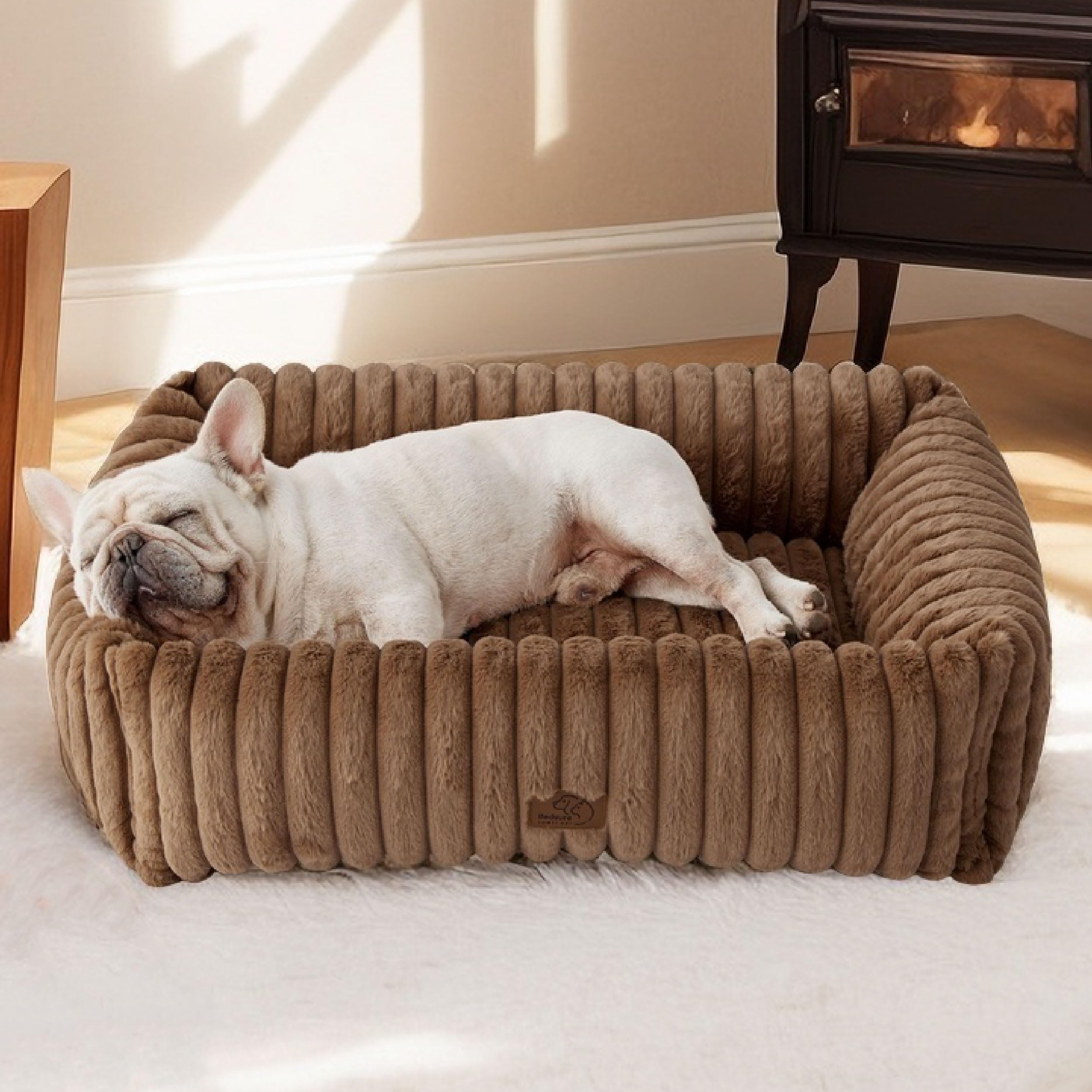 Bedsure ComfyFleece dog bed medium 30x24x8in Camel Brown provides cozy sleeping area.