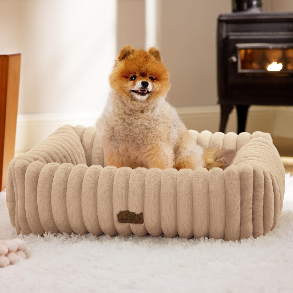 Bedsure ComfyFleece dog bed in sandy beige with cozy rectangle shape and supportive sides