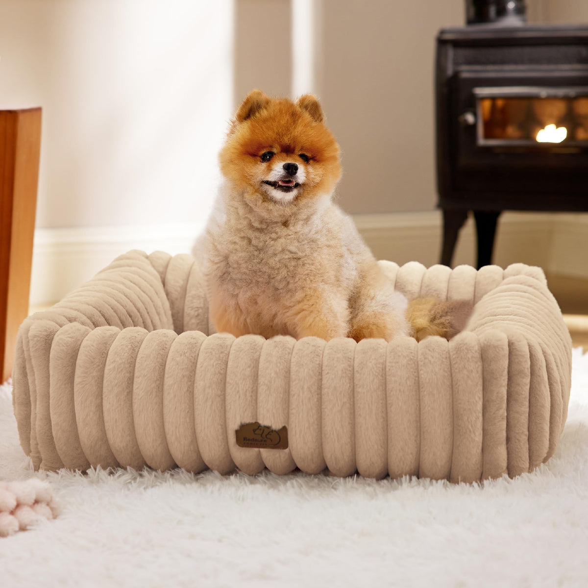 Bedsure ComfyFleece dog bed in sandy beige with cozy rectangle shape and supportive sides