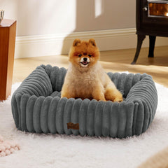 Bedsure ComfyFleece dog bed top view in warm grey, cozy nap spot ready.