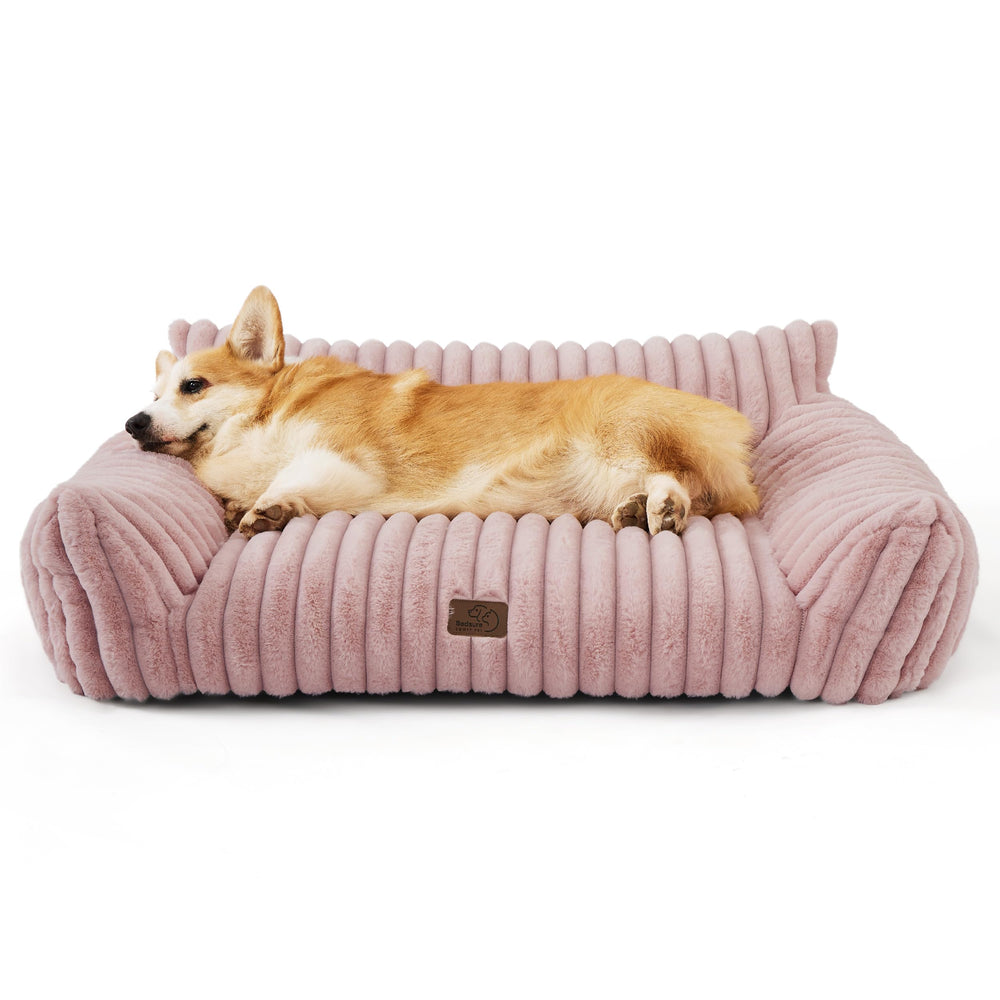 Bedsure ComfyFleece dog couch front view, supportive design for calm naps.