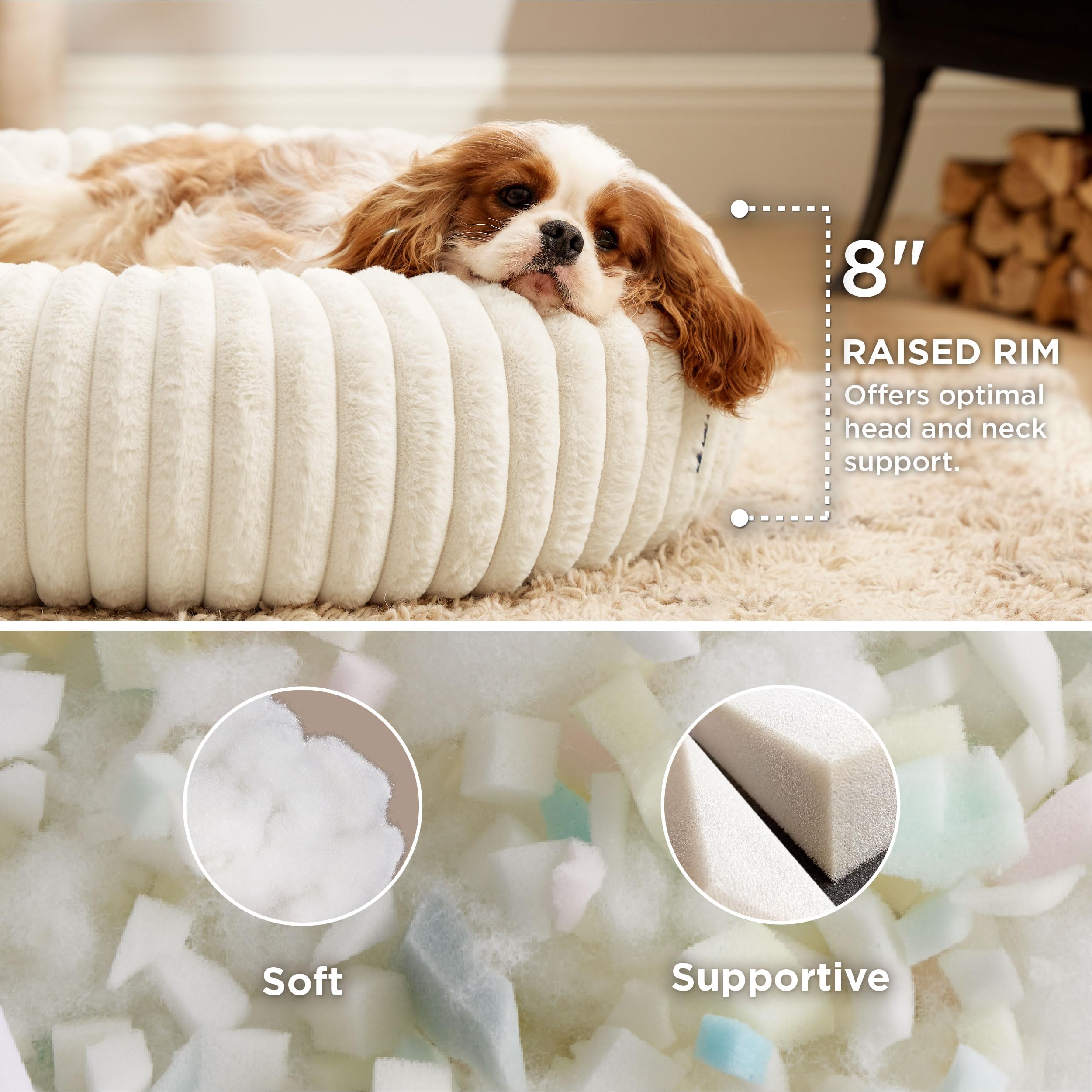 Bedsure ComfyFleece donut bed cream side view shows a raised rim for head support