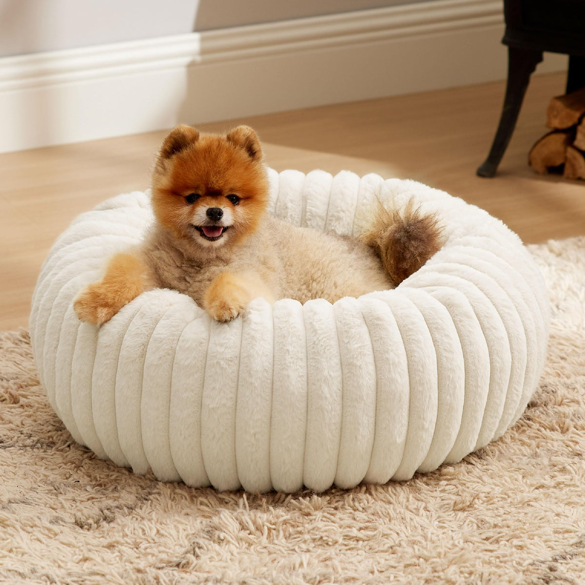 Bedsure ComfyFleece Donut Bed in cream for small dogs, cozy nap space