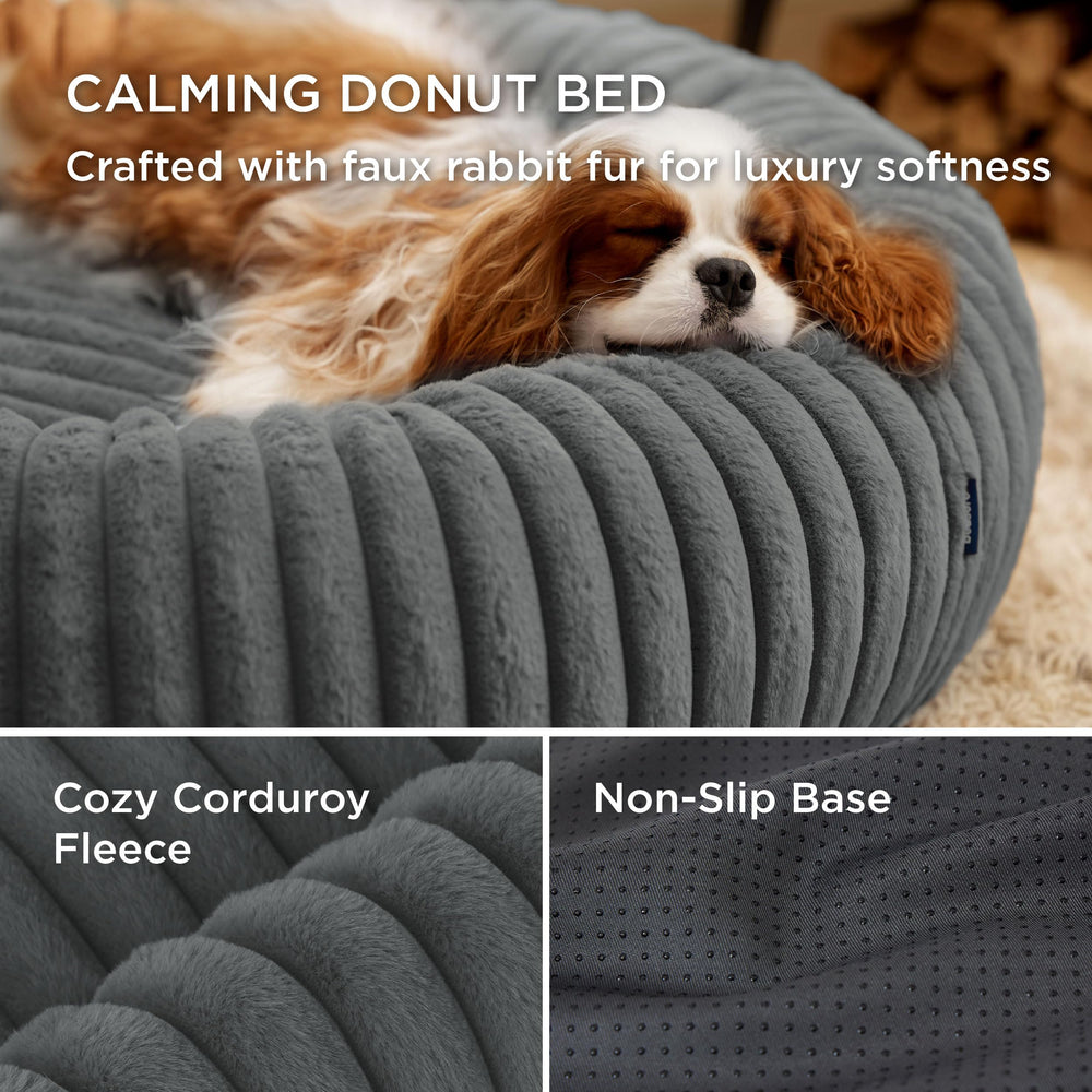 Bedsure ComfyFleece Donut Bed raised rims offer neck support for curling pets.