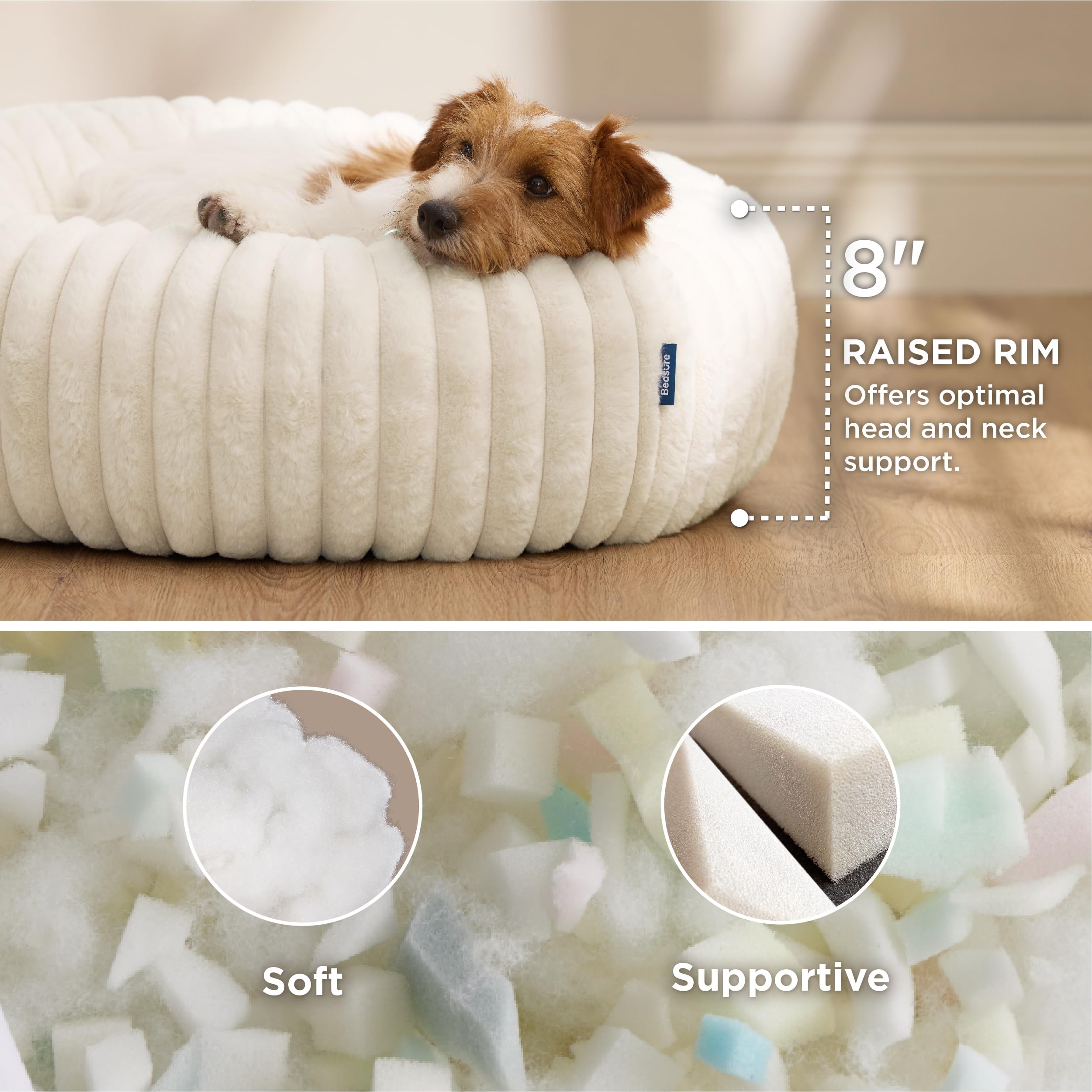 Bedsure ComfyFleece donut bed, side view, shows raised rim for head and neck comfort.