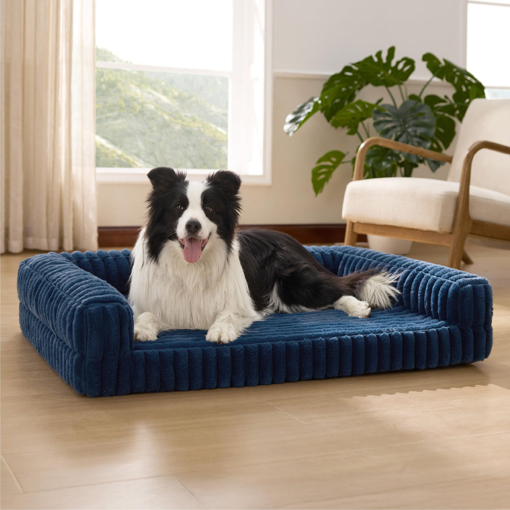 Bedsure ComfyFleece orthopedic dog bed front view in blue, designed for cozy, supported sleep.