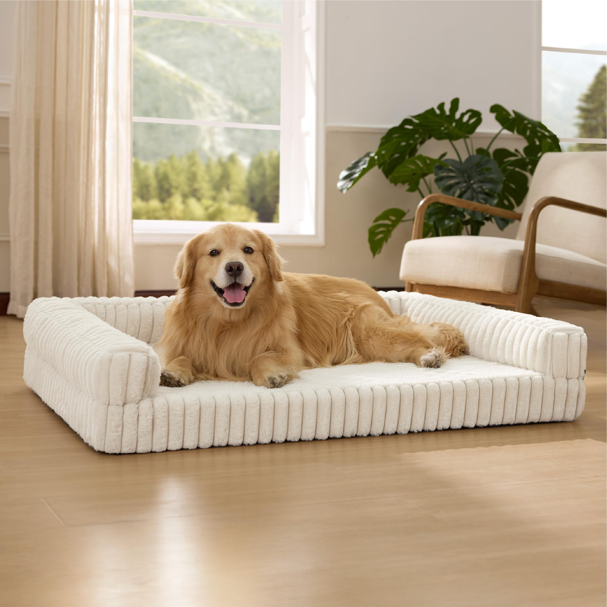 Bedsure ComfyFleece orthopedic dog bed cream side view for joint relief and plush comfort.