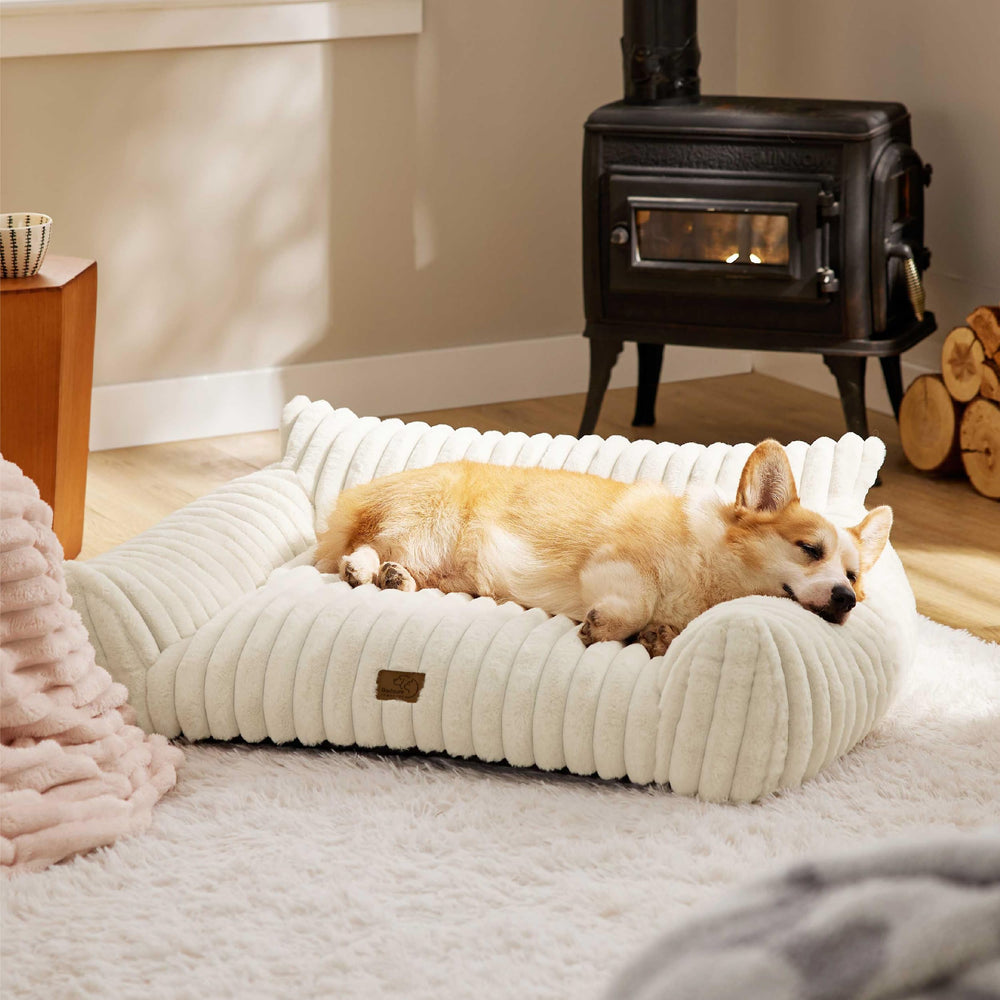 Bedsure ComfyFleece 36in cream dog couch featured in living space