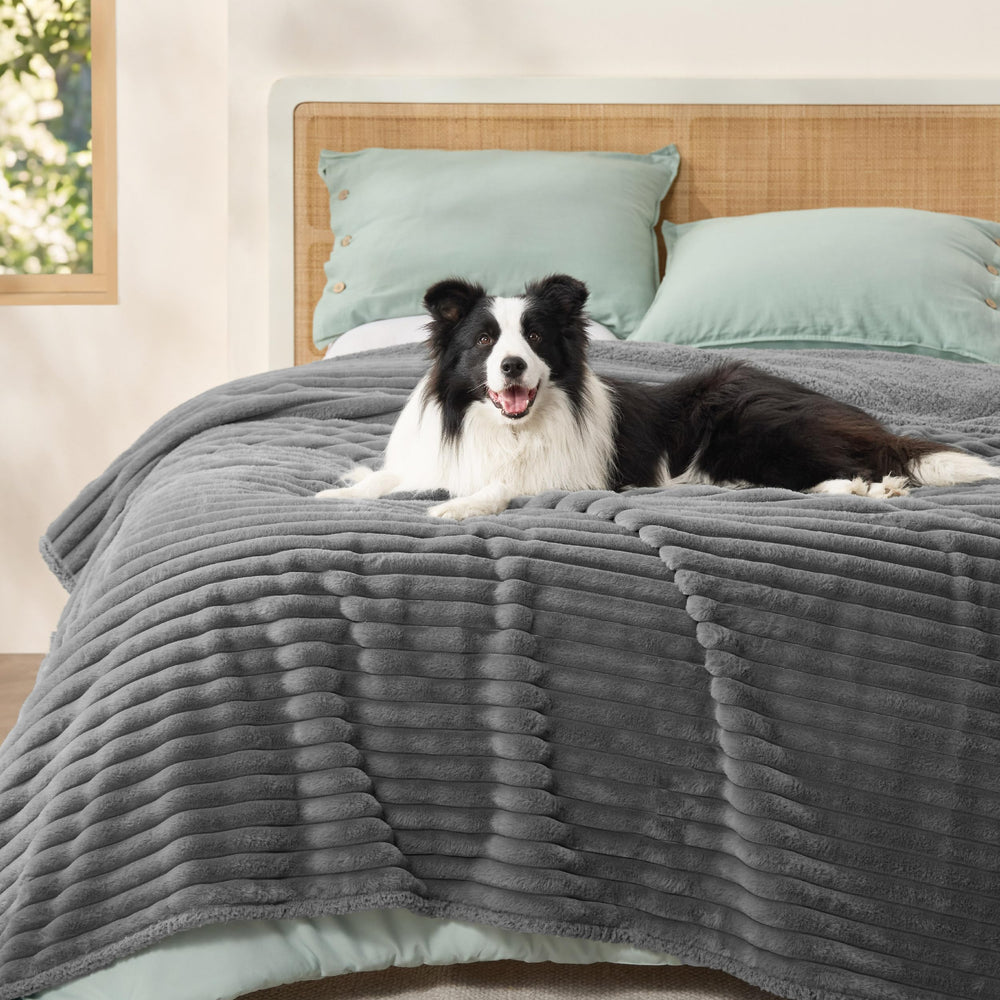 Bedsure ComfyFleece waterproof blanket on bed protects furniture and keeps pets warm.