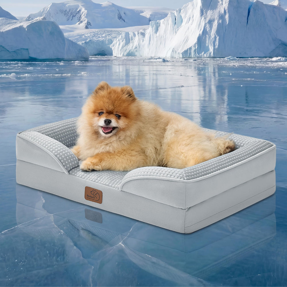 Bedsure cooling dog bed 24in front view for small dogs, cooling surface helps on hot days.