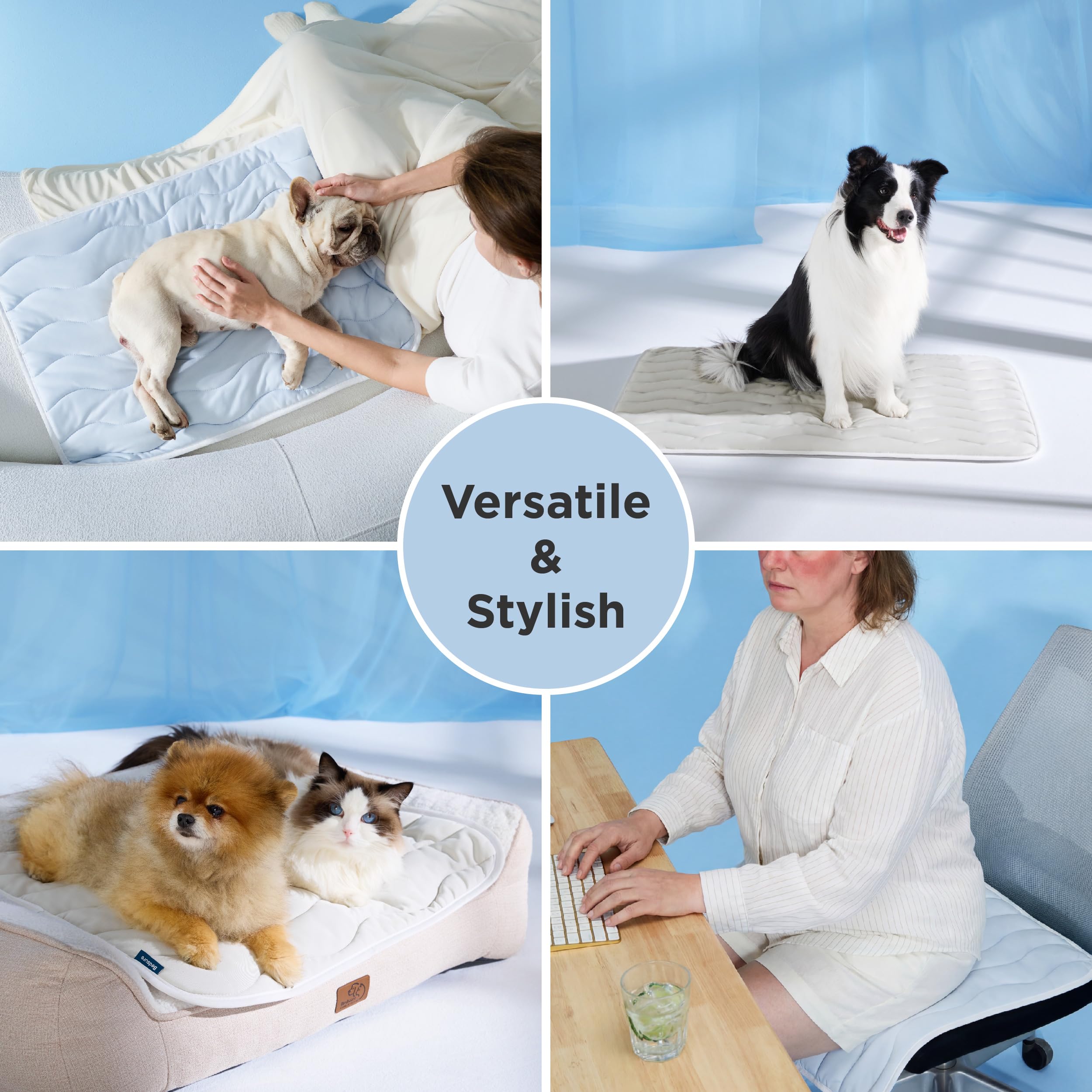 Bedsure cooling dog mat outdoor camping scene used as a cooling pad under shade