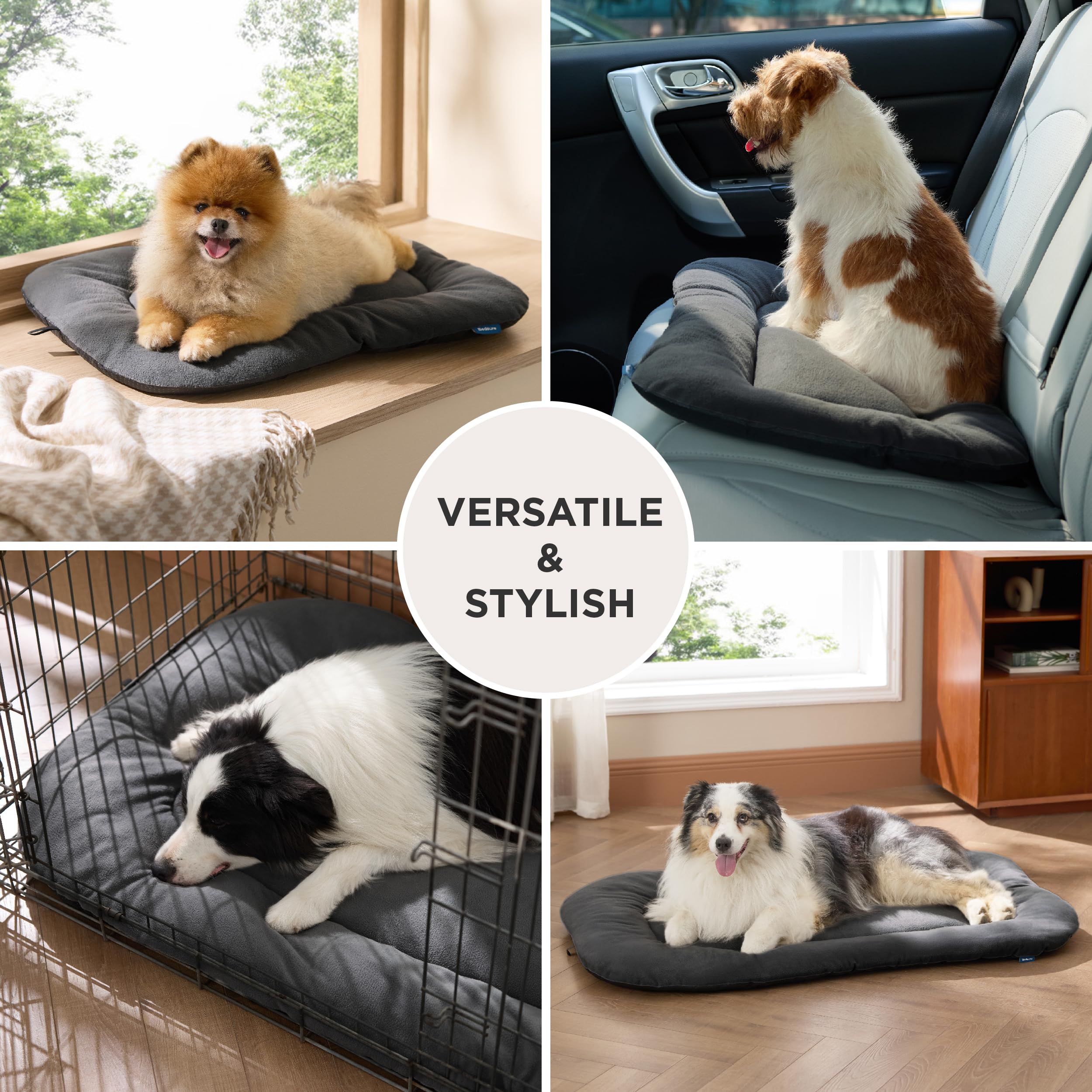 Bedsure crate pad inside crate demonstrates versatile kennel mat use.