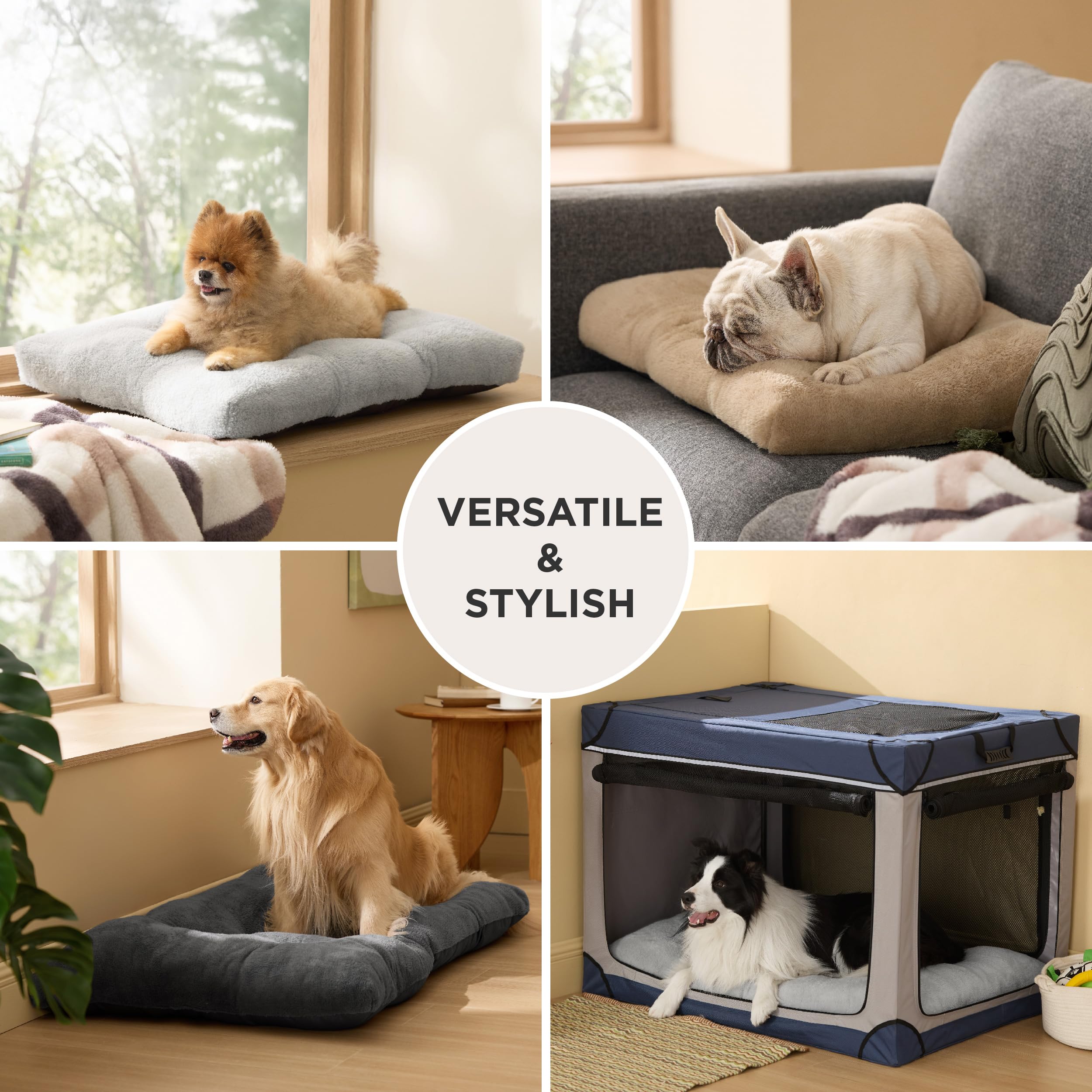 Bedsure dark gray dog bed in crate setup for secure lounging.