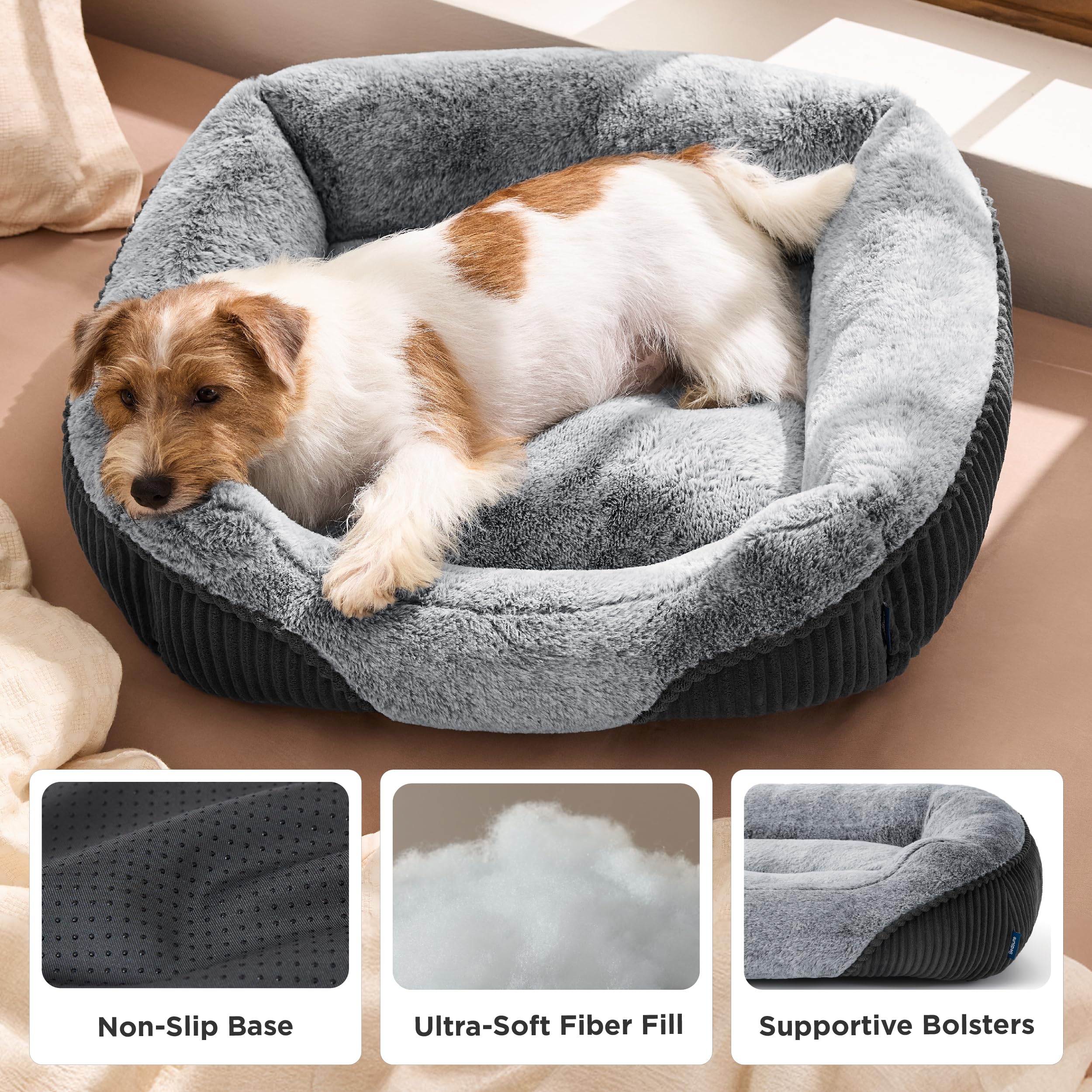 Bedsure dog bed grey corduroy-fleece closeup emphasizes plush texture and comfort