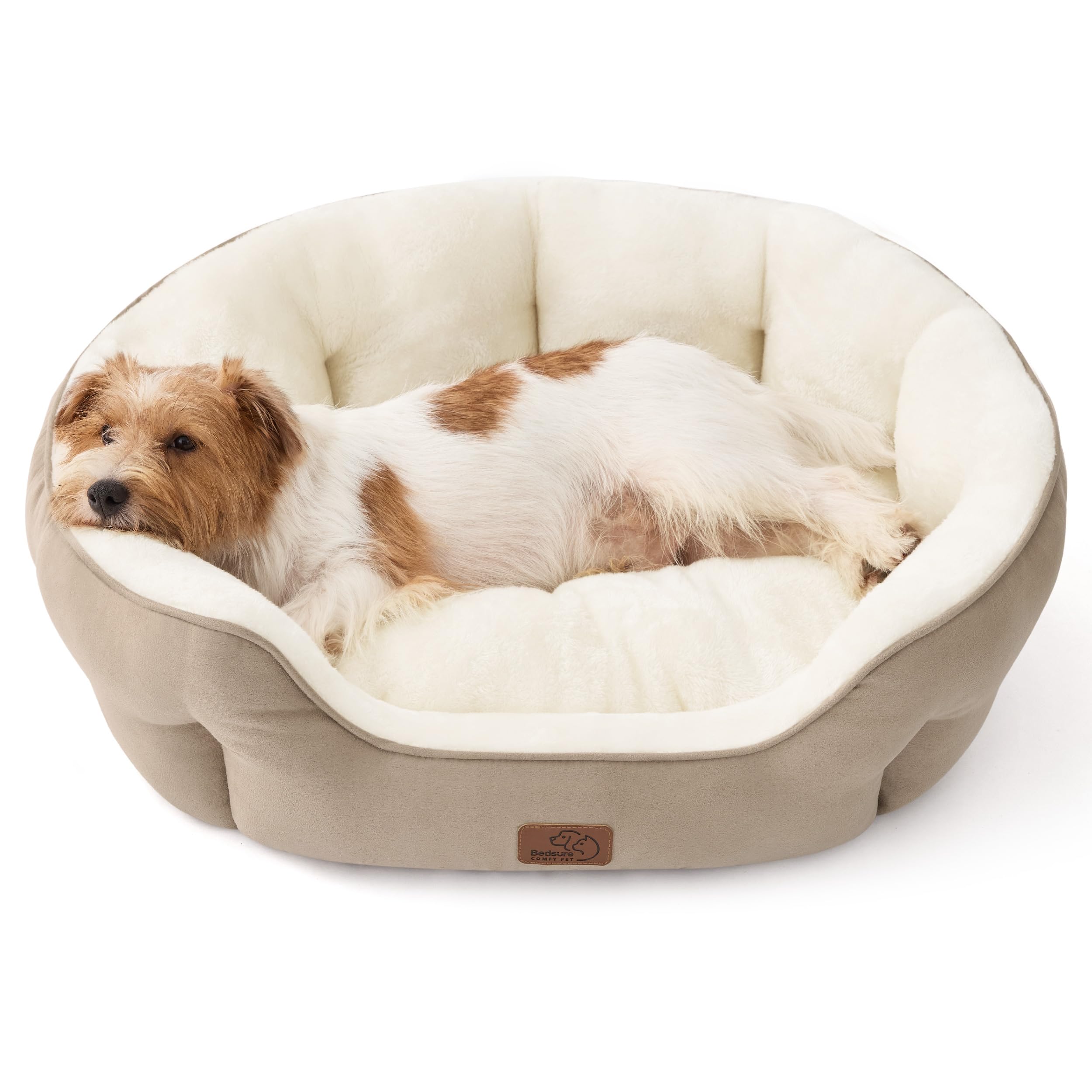 Bedsure round plush dog bed in camel offering cozy support for medium dogs