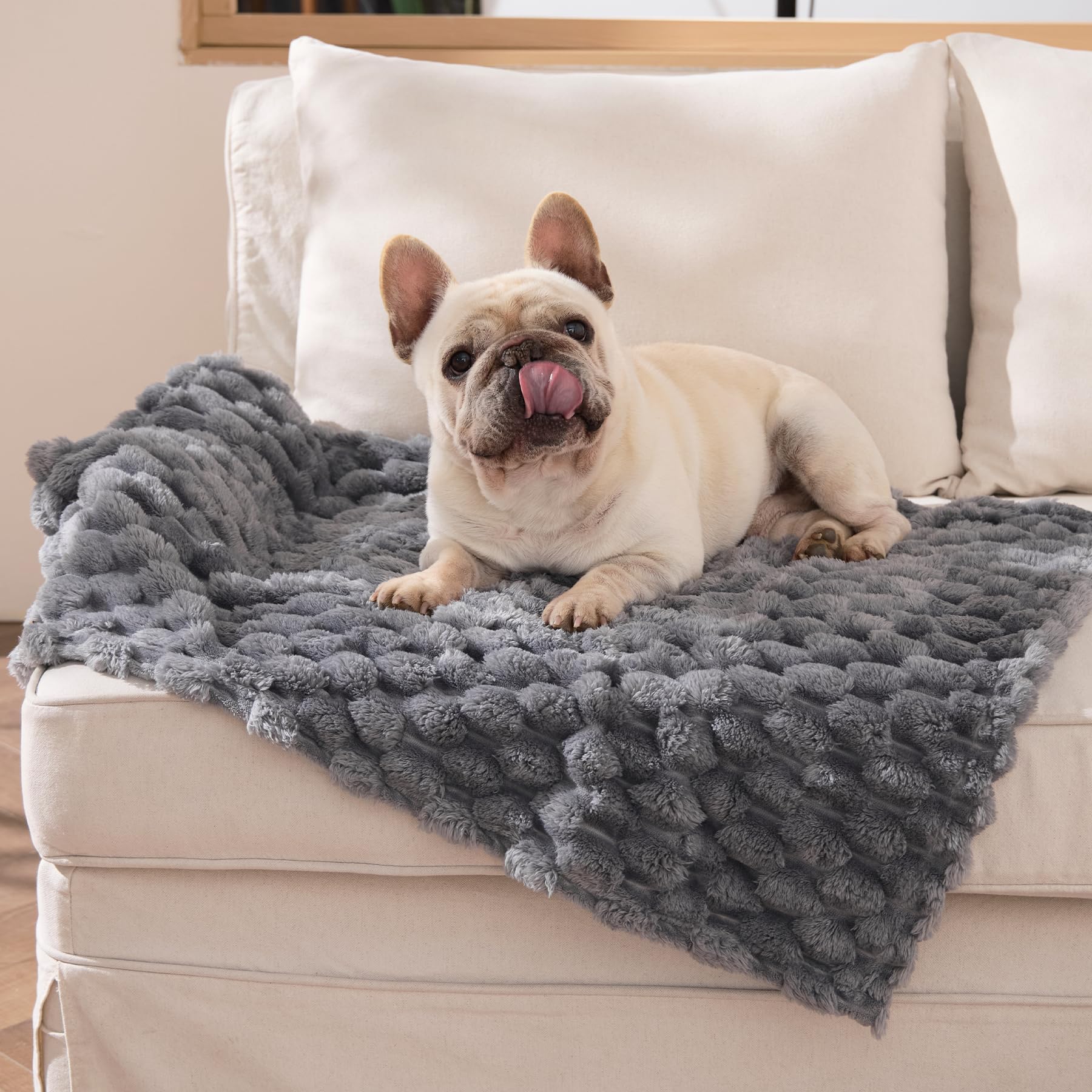 Bedsure dog blanket front view in grey Bobo for cozy naps.